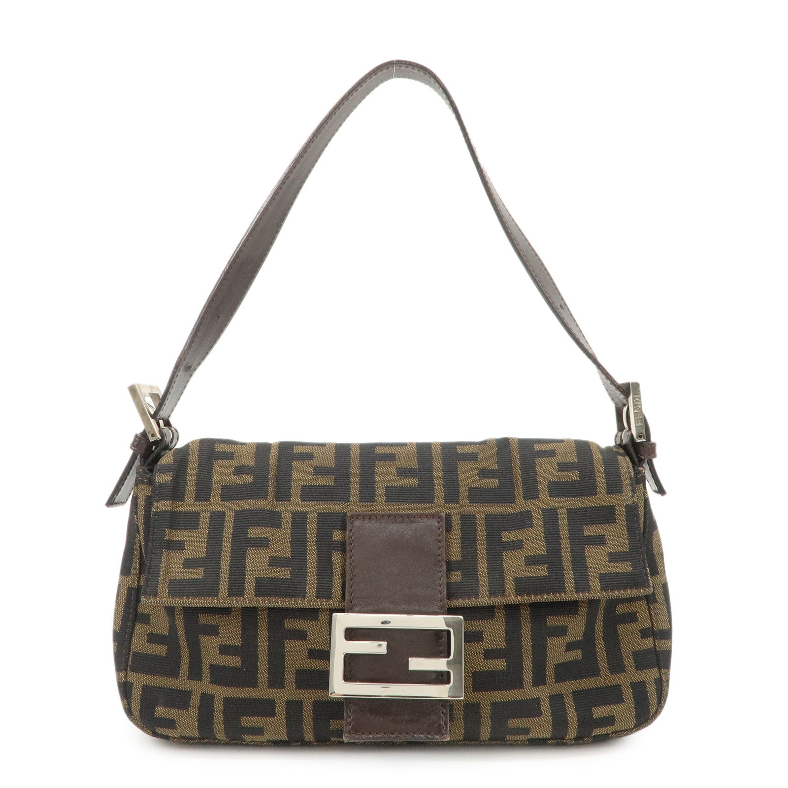 FENDI Mamma Baguette Zucca Canvas Leather Shoulder Bag Black Brown 26424