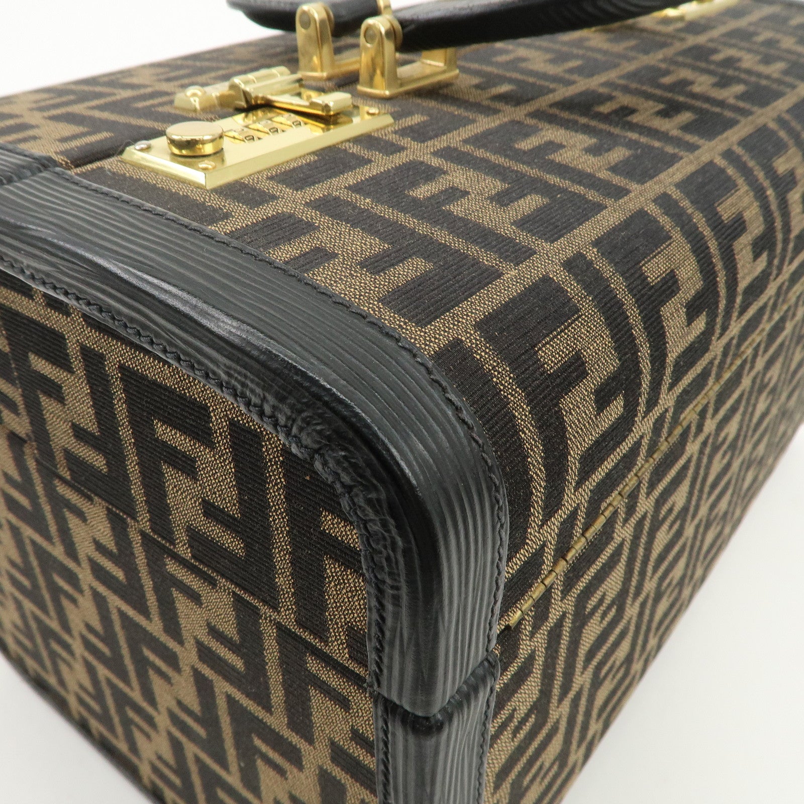 FENDI Zucca Canvas Leather Vanity Bag Makeup Box Brown Black