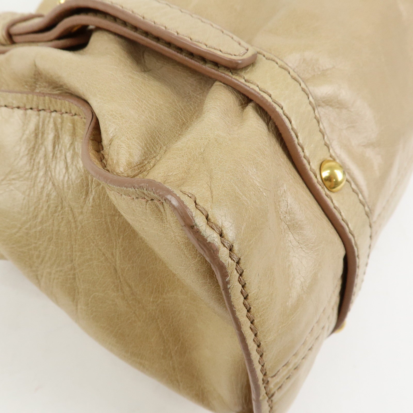 MIU MIU Logo Side Ribbon Leather Shoulder Bag Tote Bag Beige