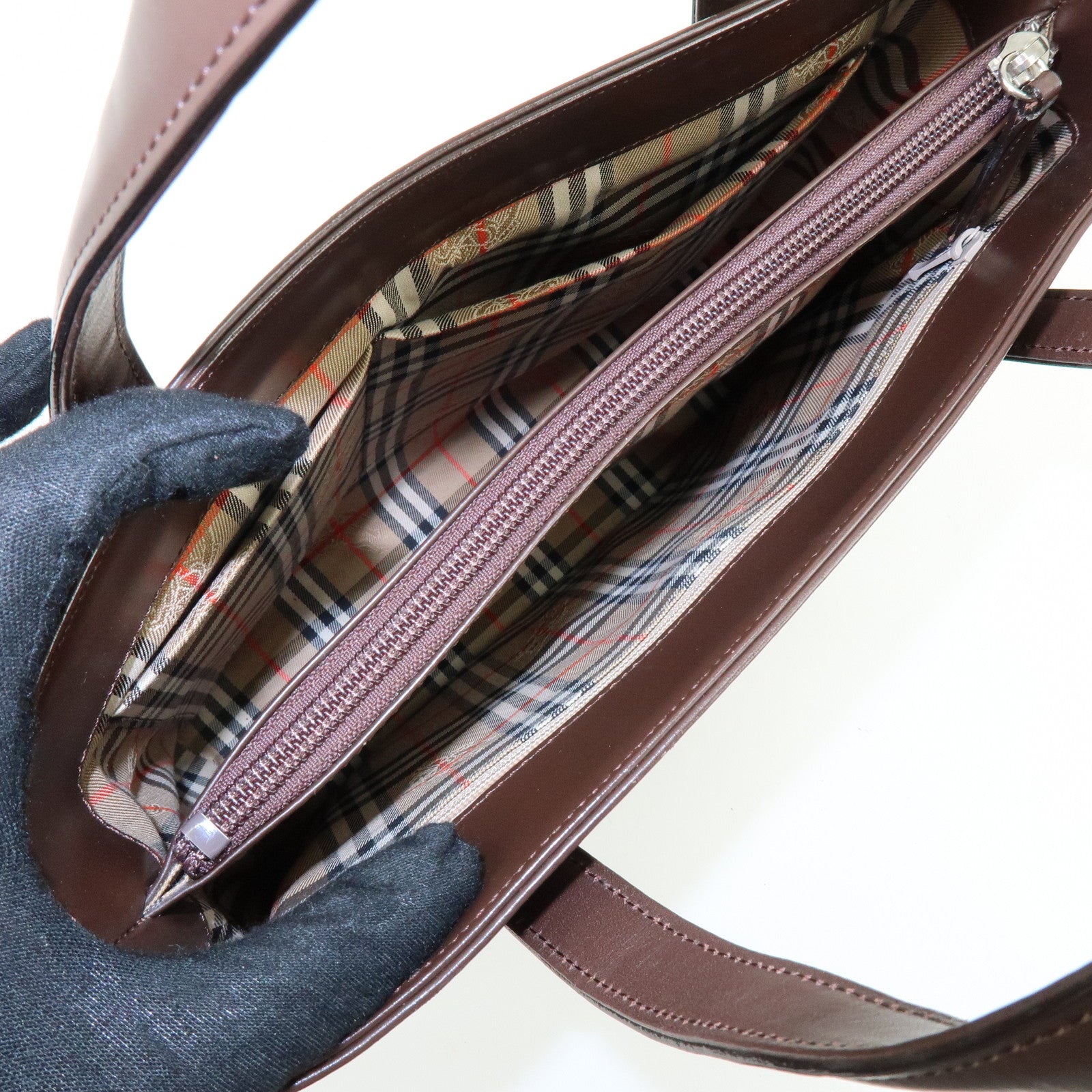 BURBERRY Nova Plaid Leather Hand Bag Tote Bag Brown