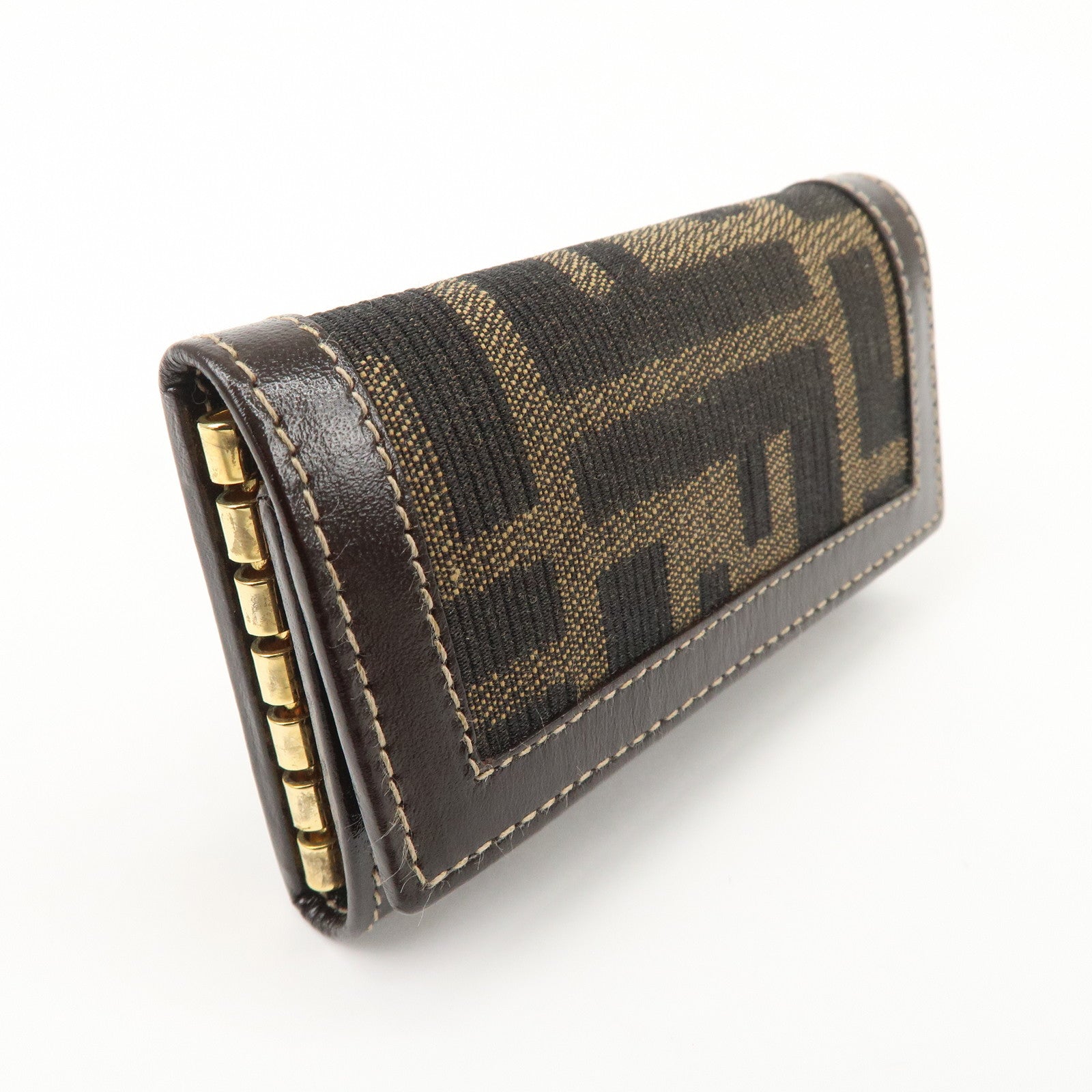 FENDI Zucca Canvas Leather 6 Ring Key Case Brown Black 10163