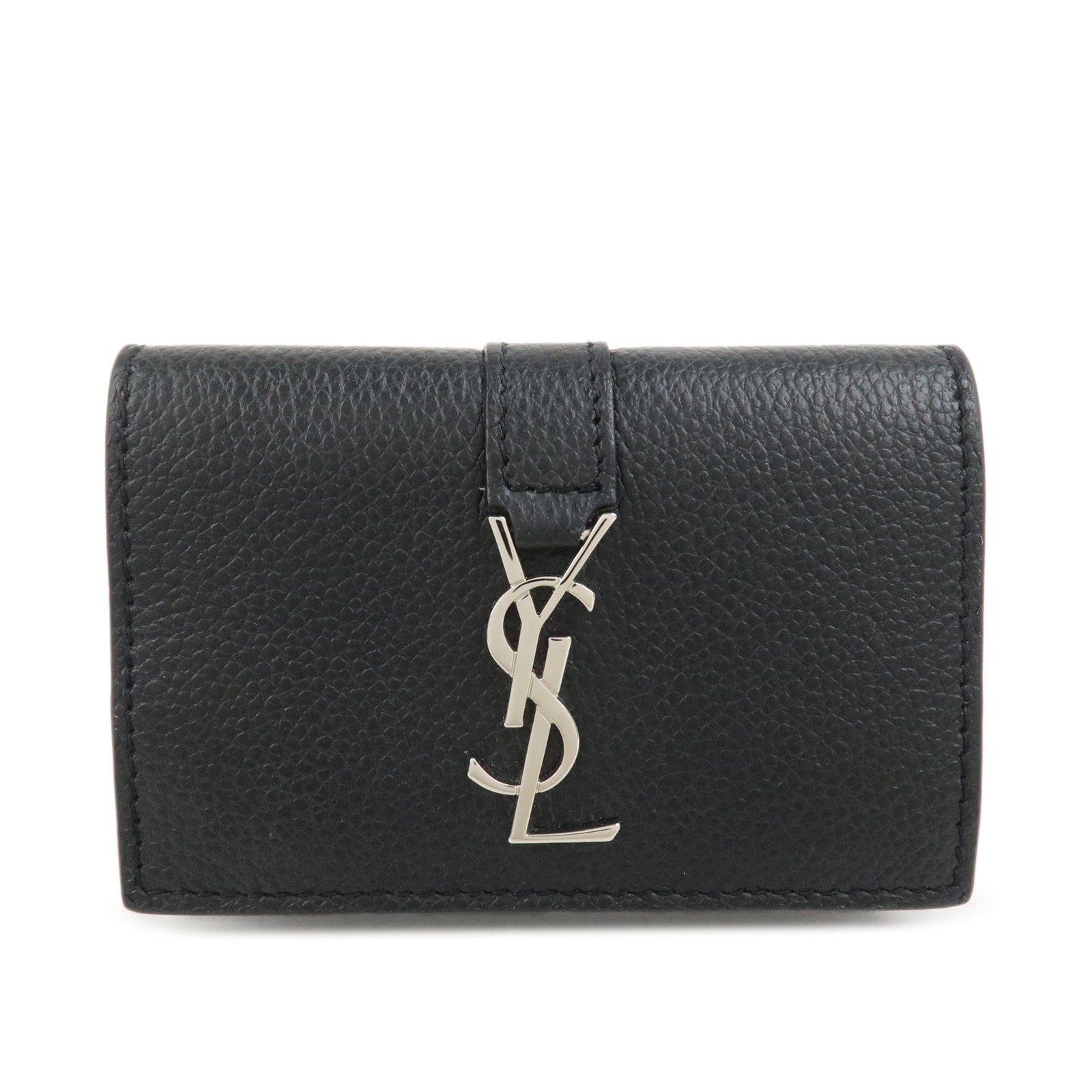 SAINT LAURENT Leather Tri-fold Compact Wallet Black Silver HDW