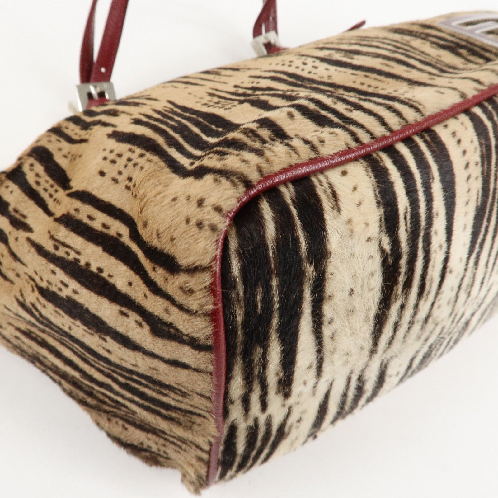 FENDI Leather Unborn Calf Tote Bag Hand Bag Zebra Brown Red Used