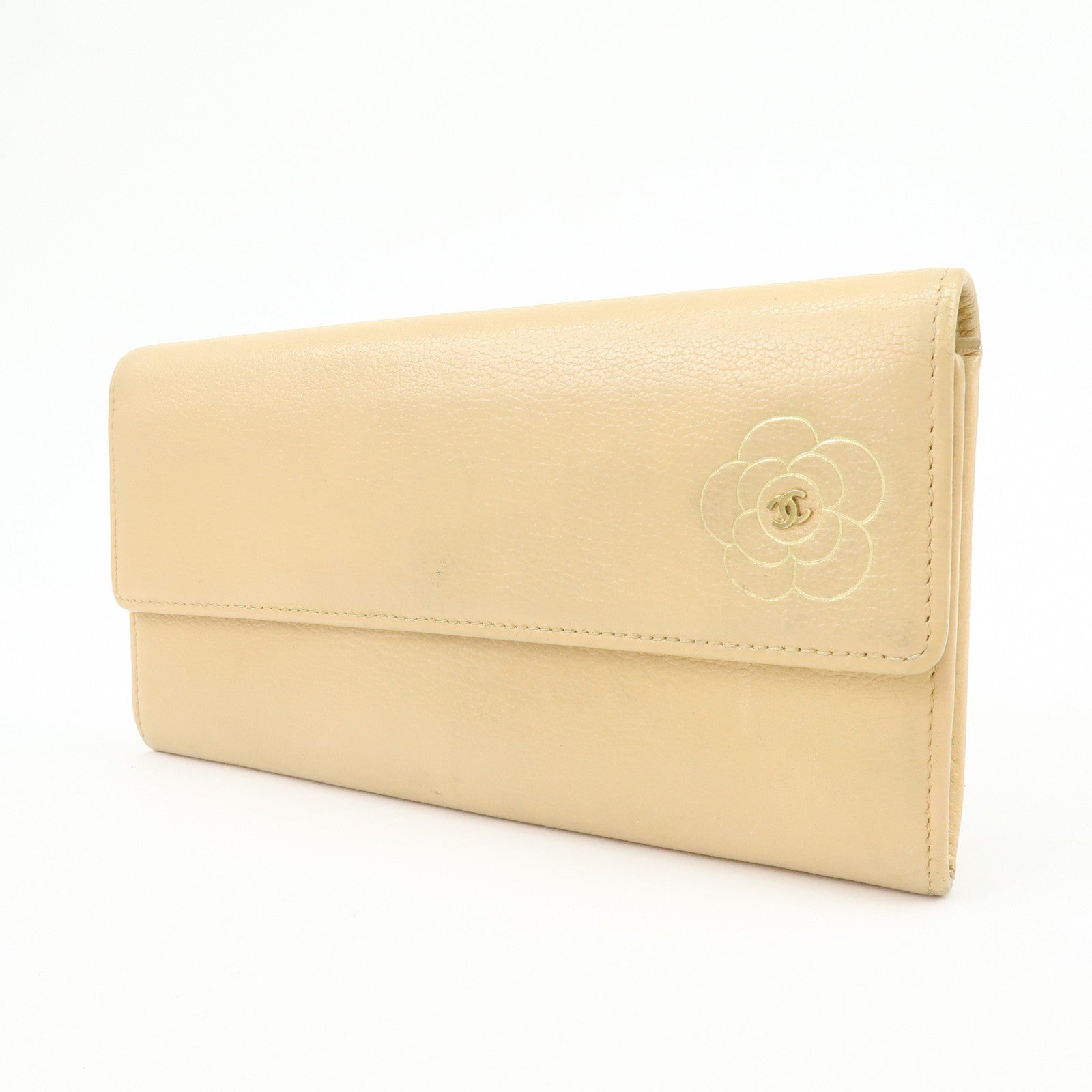 Chanel Camellia Calf Leather Long Flap Wallet Beige