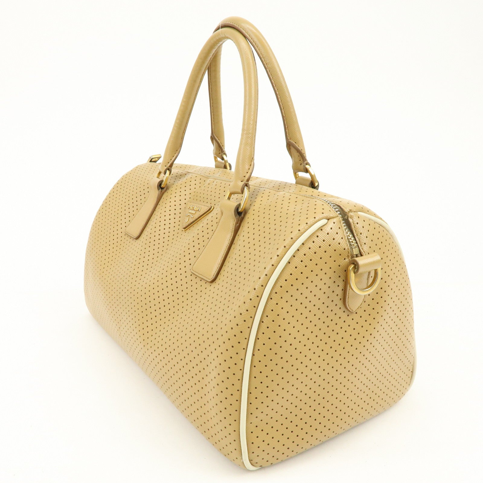 PRADA Triangle Logo Saffiano Leather Punched Boston Bag Beige