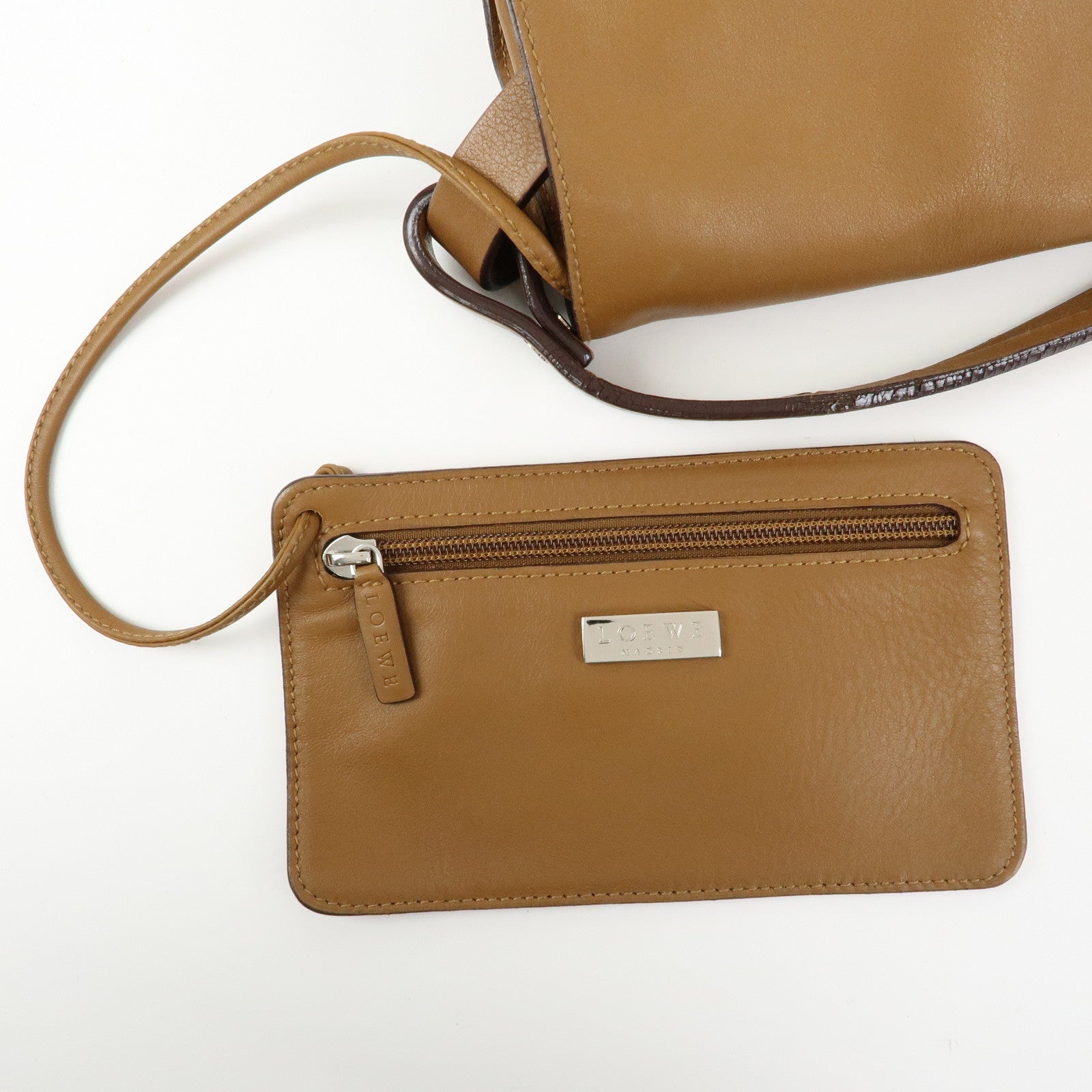 LOEWE Logo Leather Flap Shoulder Bag Pouch Brown