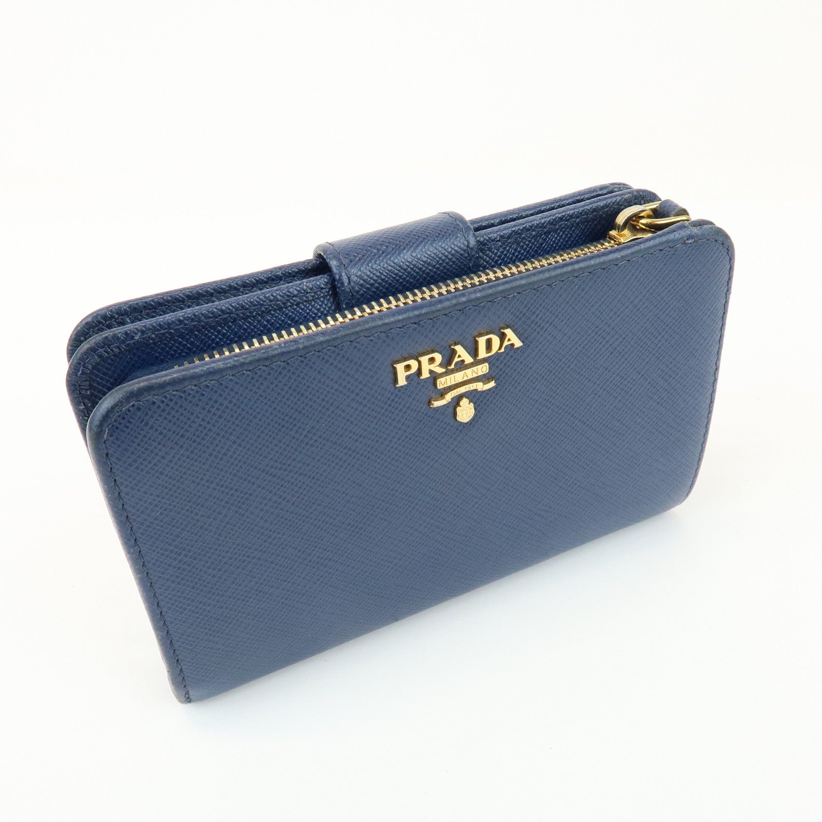 PRADA Saffiano Leather Compact Wallet Navy Gold 1ML225
