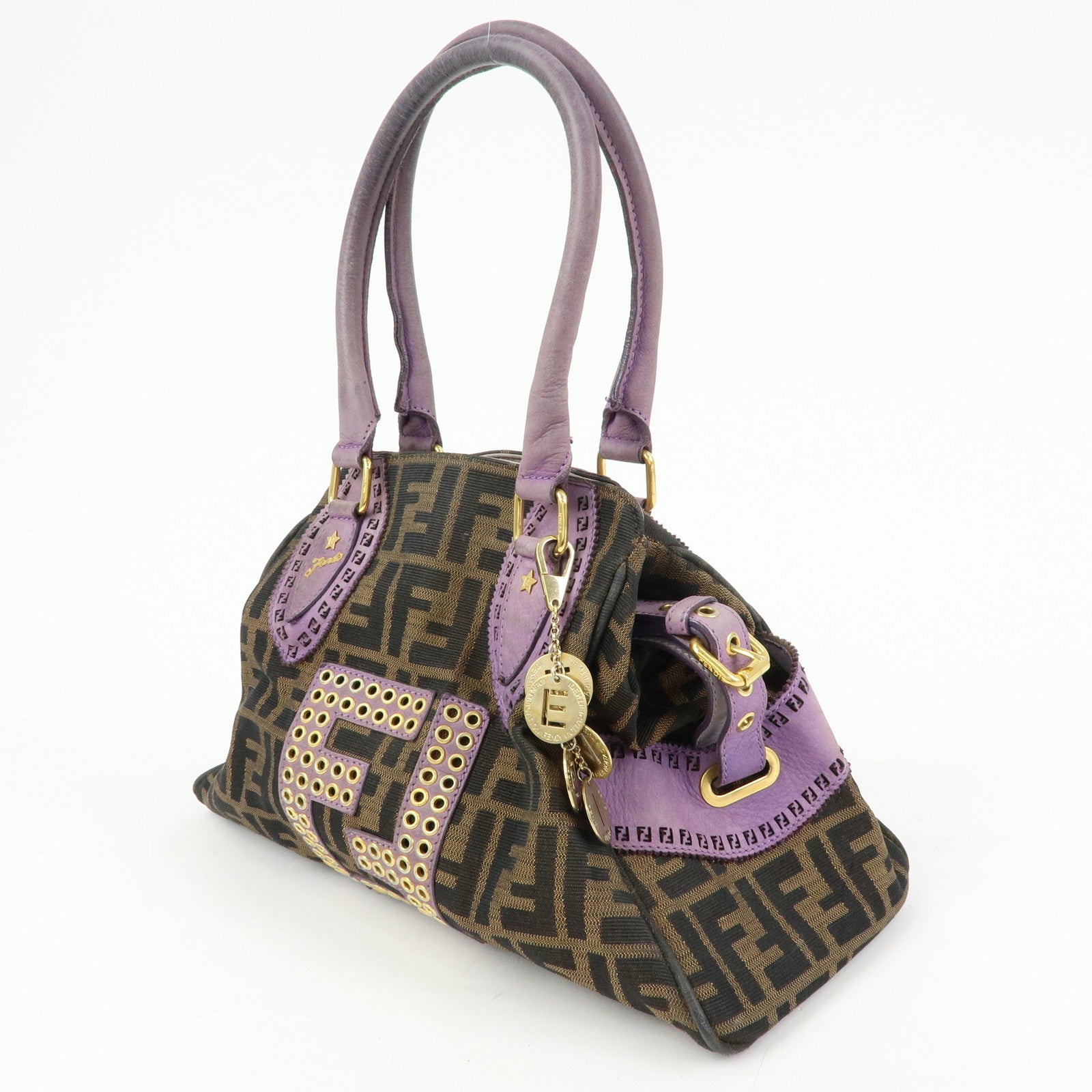 FENDI Ethnico Zucca Canvas Leather Shoulder Bag Brown Purple 8BN157