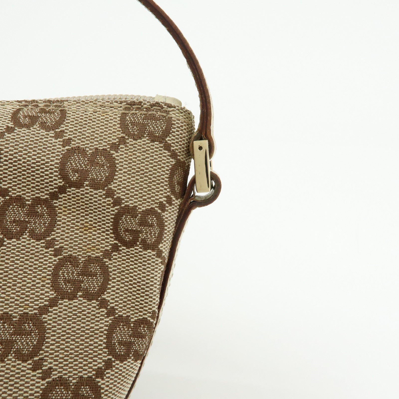 GUCCI Boat Bag GG Canvas Leather Hand Bag Pouch Brown Ivory 07198