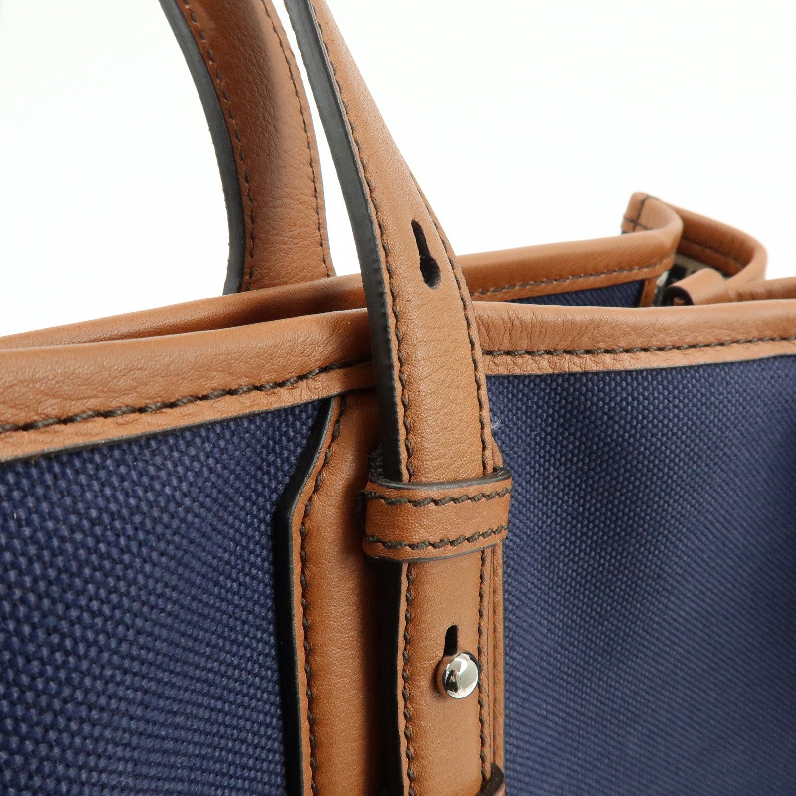Ferragamo 1927 Signature Canvas Leather Tote Bag Navy Brown