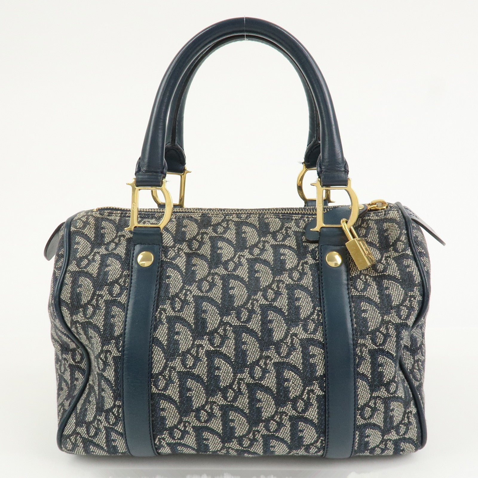 Christian Dior Oblique Canvas Leather Boston Bag Hand Bag Navy