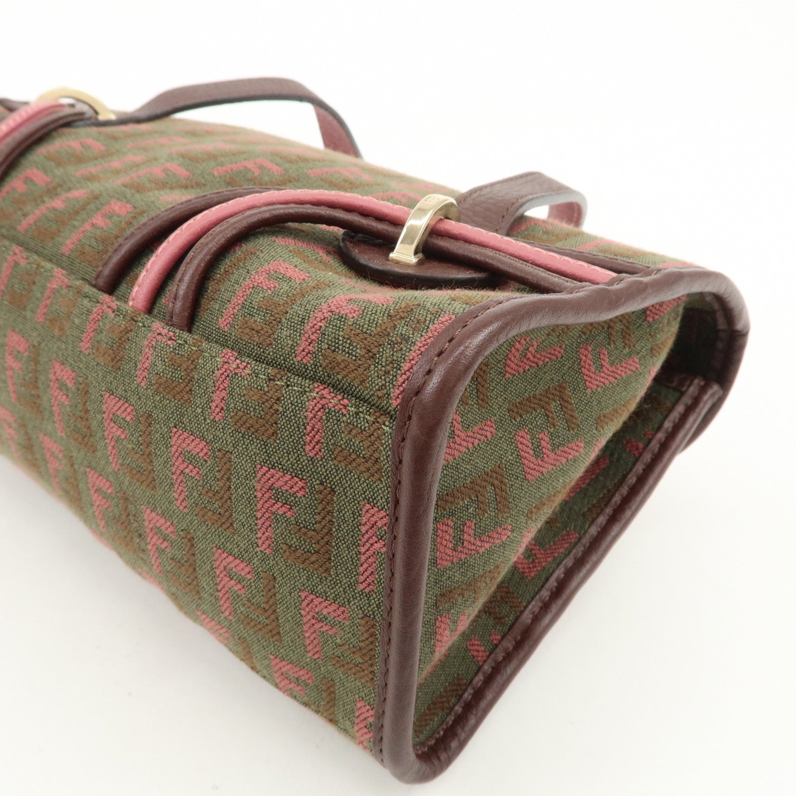 FENDI Zucchino Logo Canvas Leather Hand Bag Brown Pink 8BN147