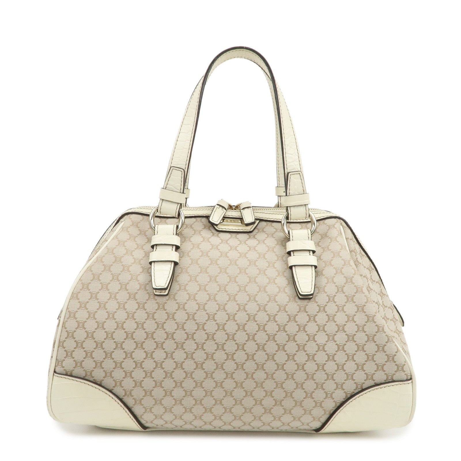CELINE Macadam Canvas Leather Boston Bag Hand Bag Beige Ivory
