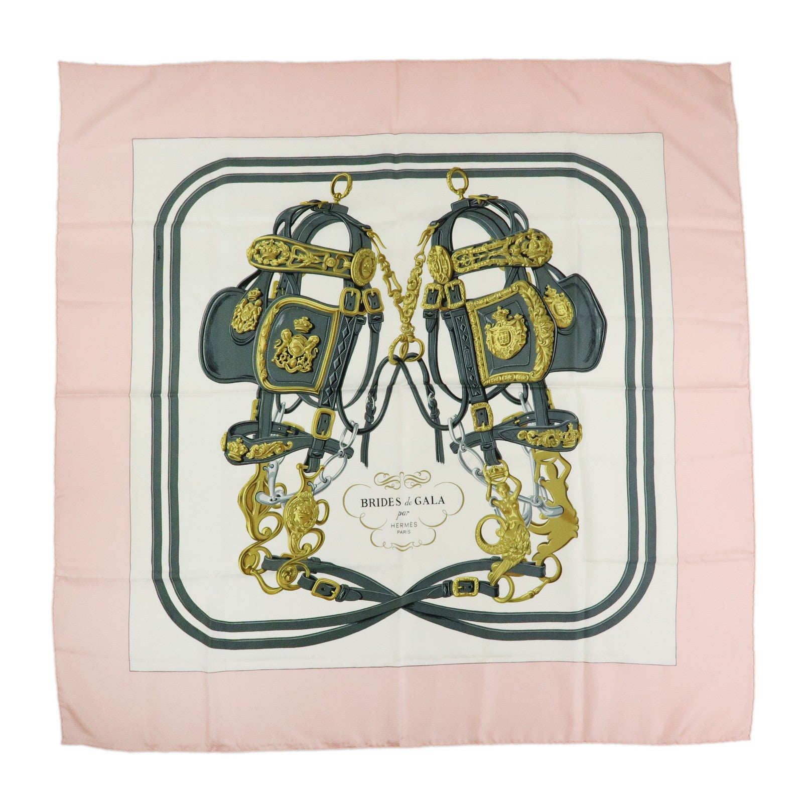 HERMES Carre 90 Silk 100% BRIDES DE GALA Scarf Light Pink White