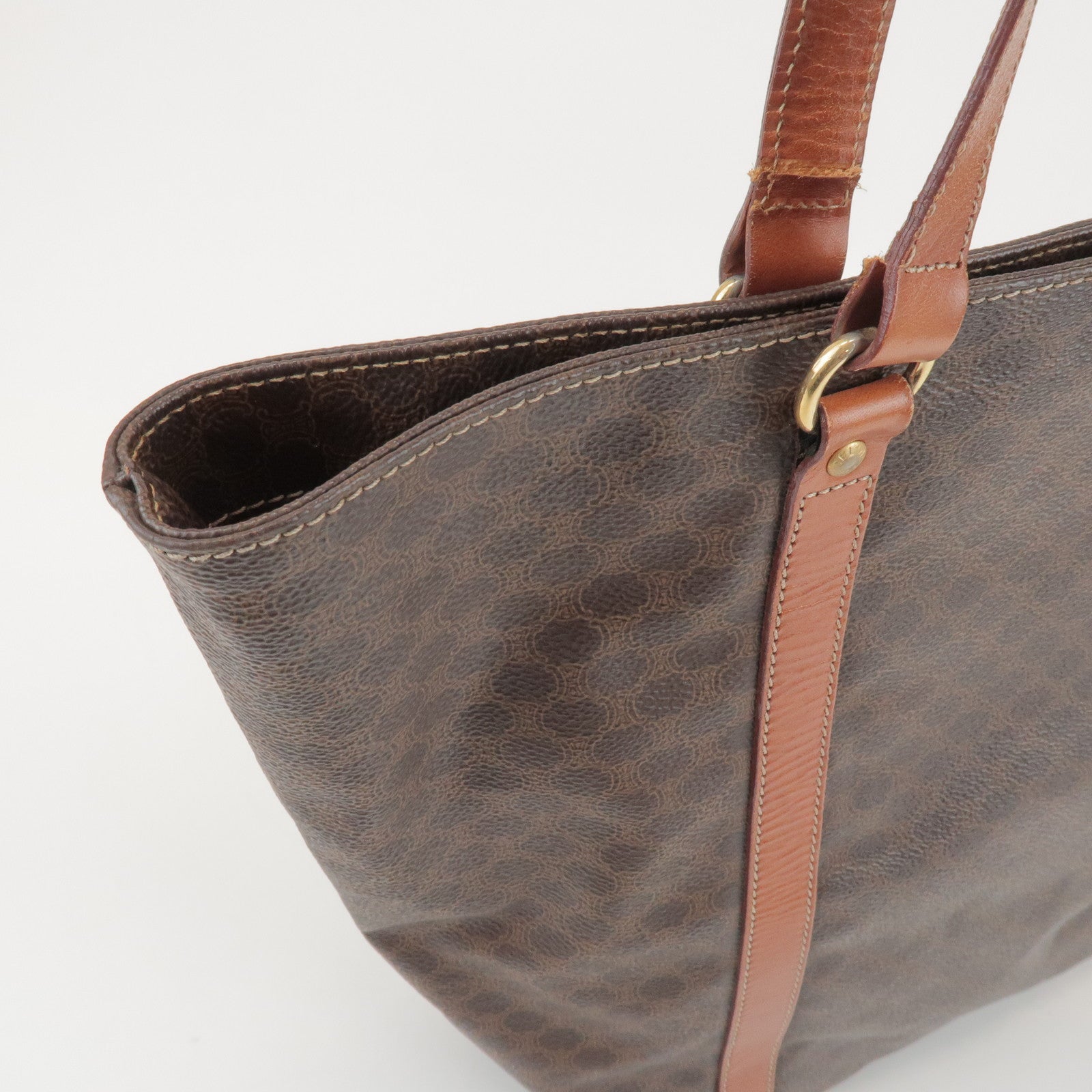 CELINE Macadam PVC Coated Canvas Leather Tote Bag Hand Bag Brown