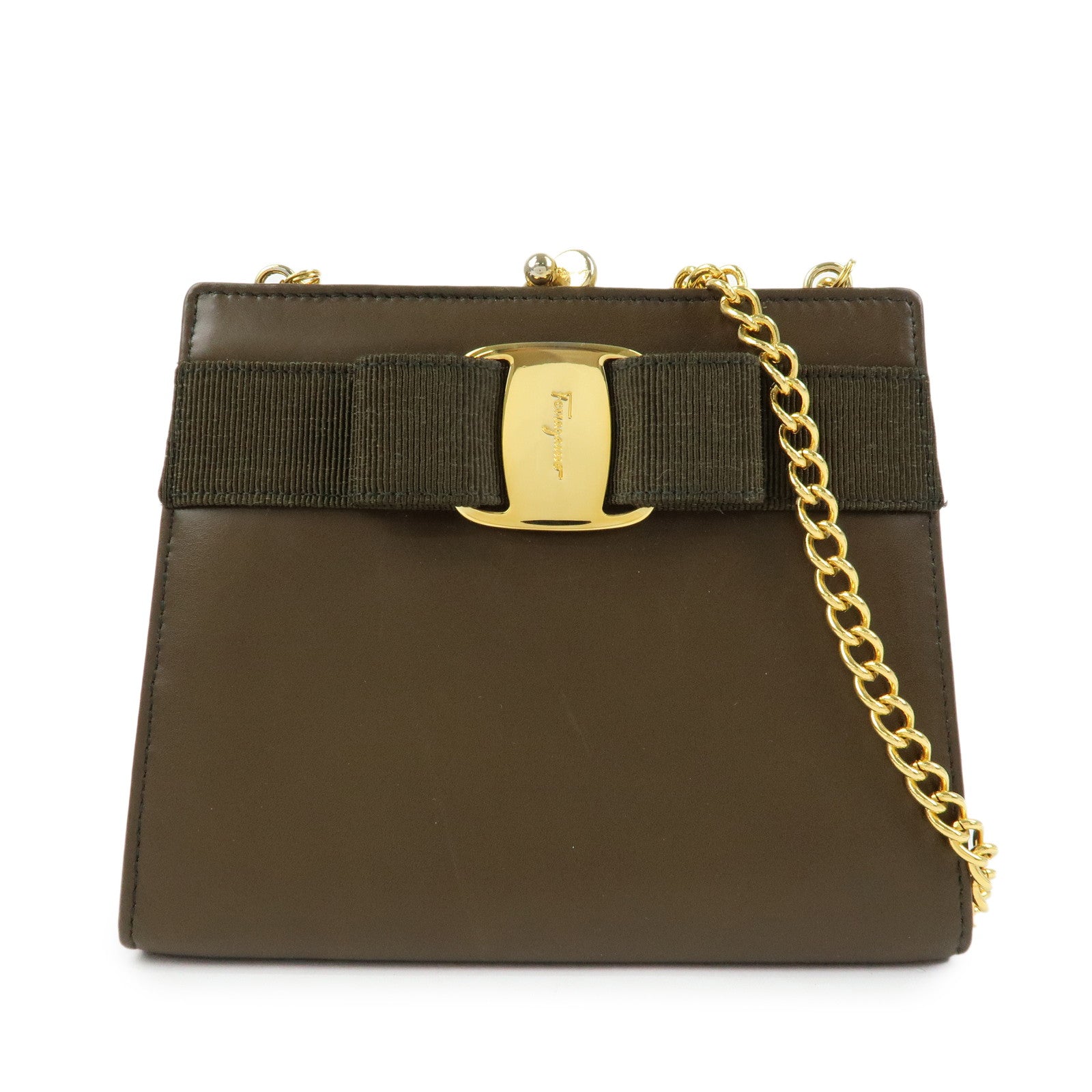Ferragamo Vara Ribbon Leather Chain Mini Shoulder Bag Brown