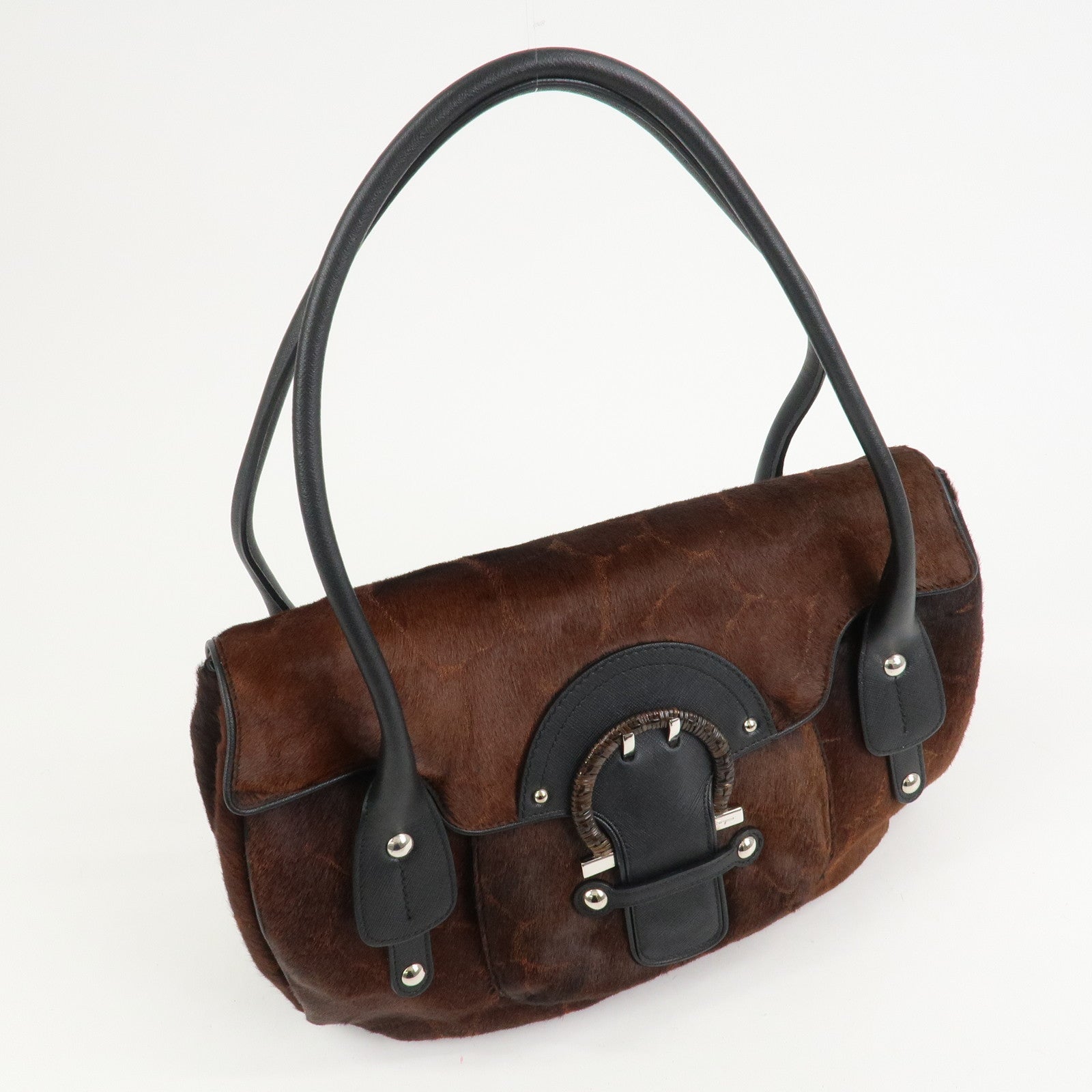 Ferragamo Gancini Logo Unborn Calf Leather Shoulder Bag Brown