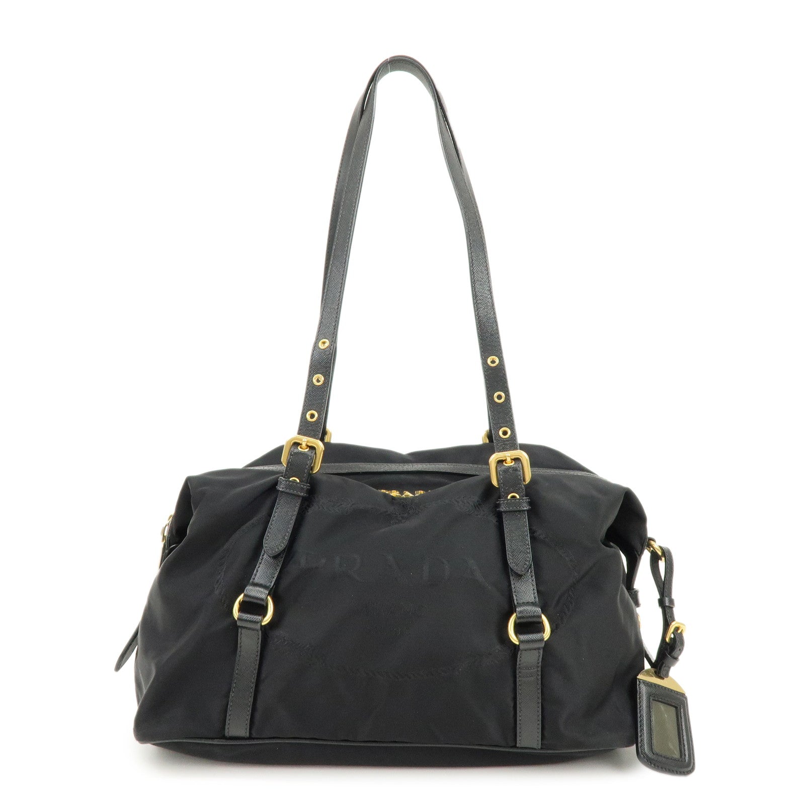 PRADA Logo Nylon Leather Boston Bag Shoulder Bag Black BL0600