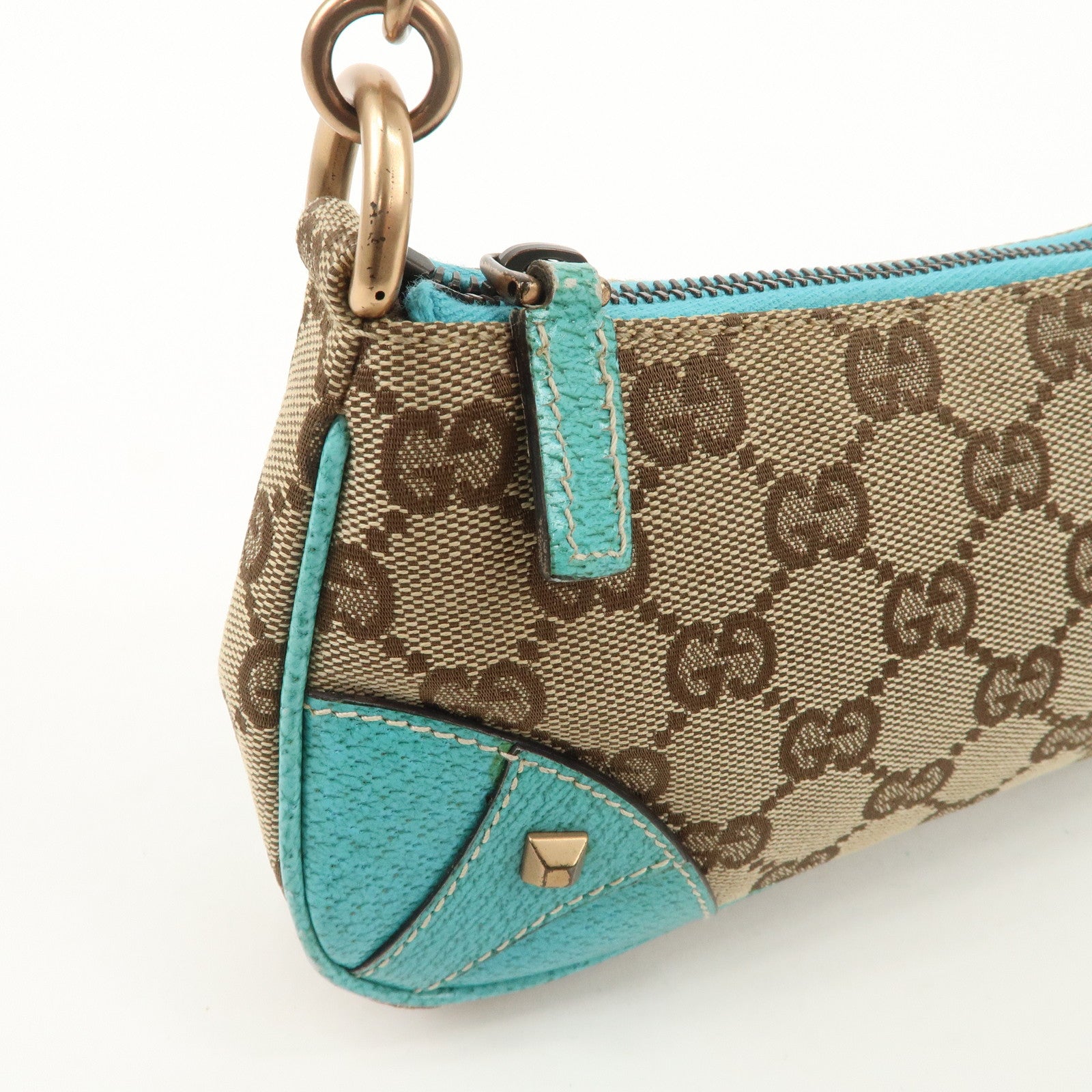 GUCCI GG Canvas Leather Chain Shoulder Bag Beige Turquoise Blue 120940 Used