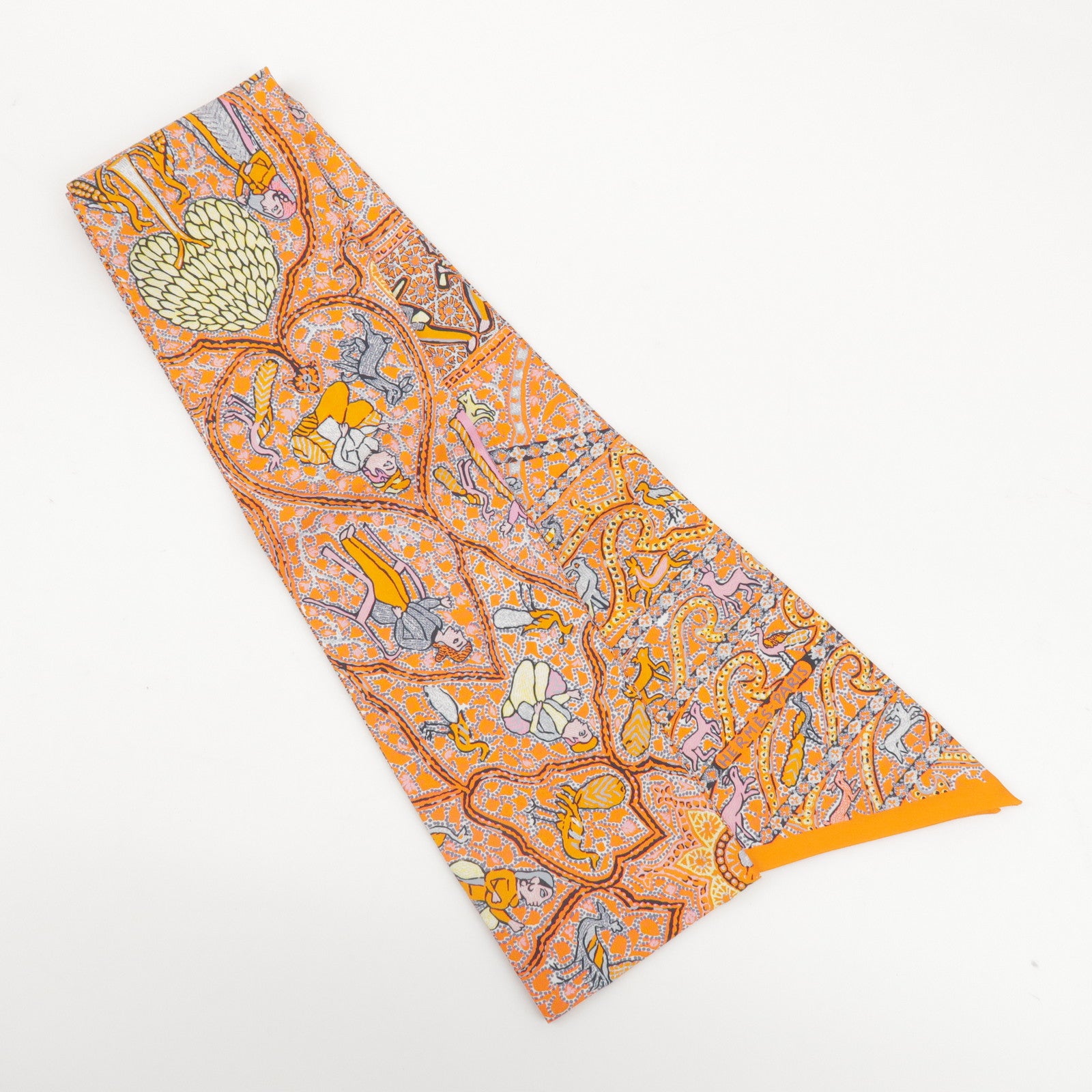 HERMES Maxi Twilly Silk 100% Scarf Animal Motif  Orange