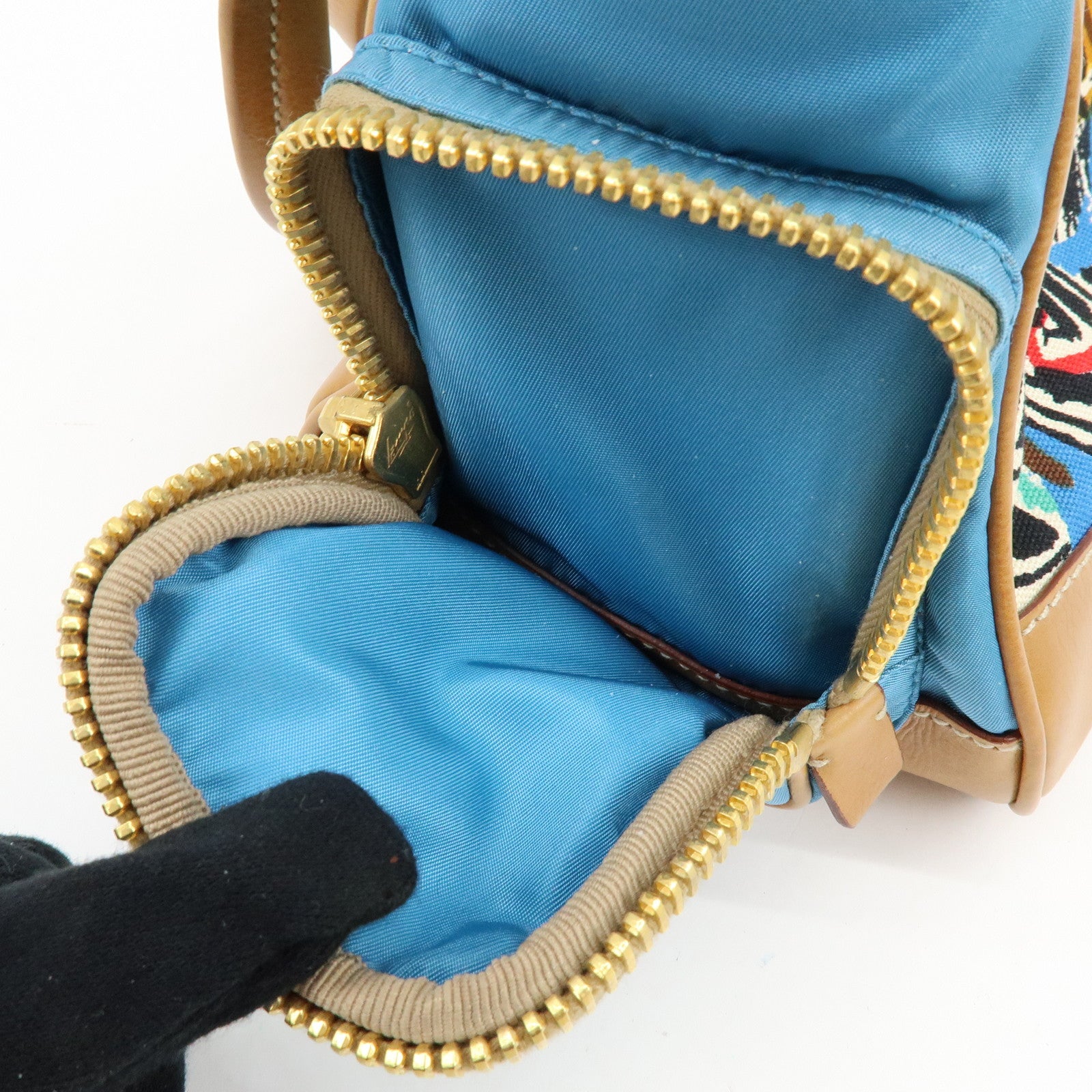 PRADA Triangle Logo Canvas Leather Hand Bag Light Brown Blue