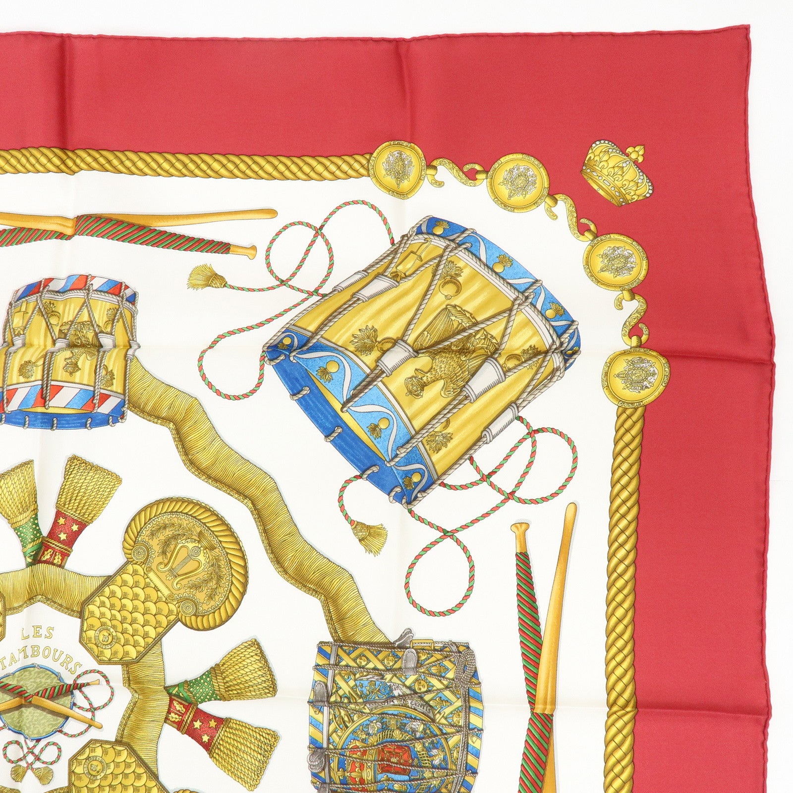 HERMES Carre 90 Silk 100% Scarf  LES TAMBOURS Red Gold