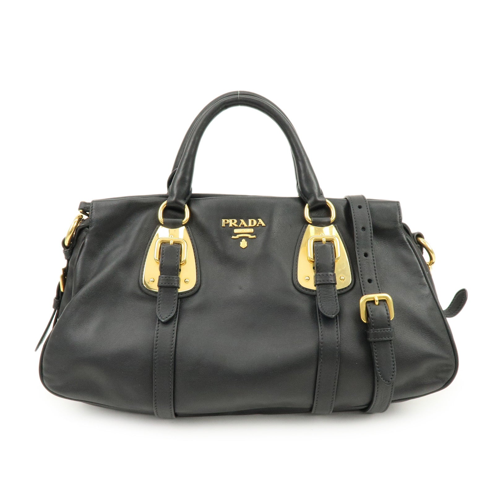 PRADA Logo Leather 2Way Bag Hand Bag Shoulder Bag Black Gold BN1903