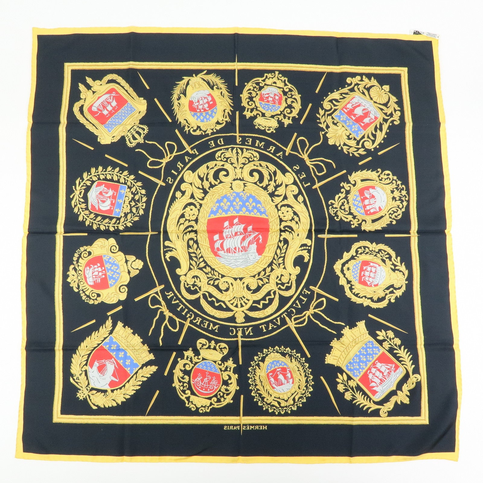 HERMES Carre 90 Silk 100% Les Armes de Paris Scarf Black Yellow Red