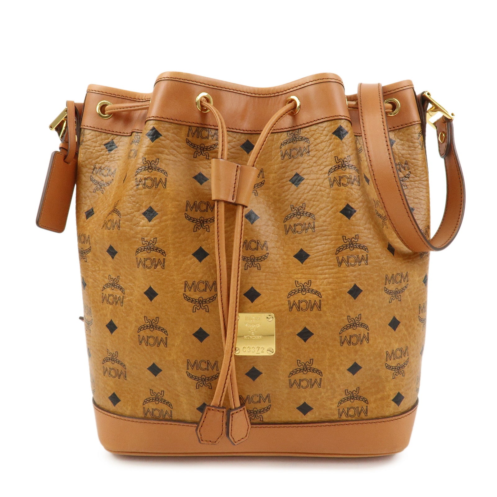 MCM Visetos Leather Bucket Bag Shoulder Bag Drawstring Brown