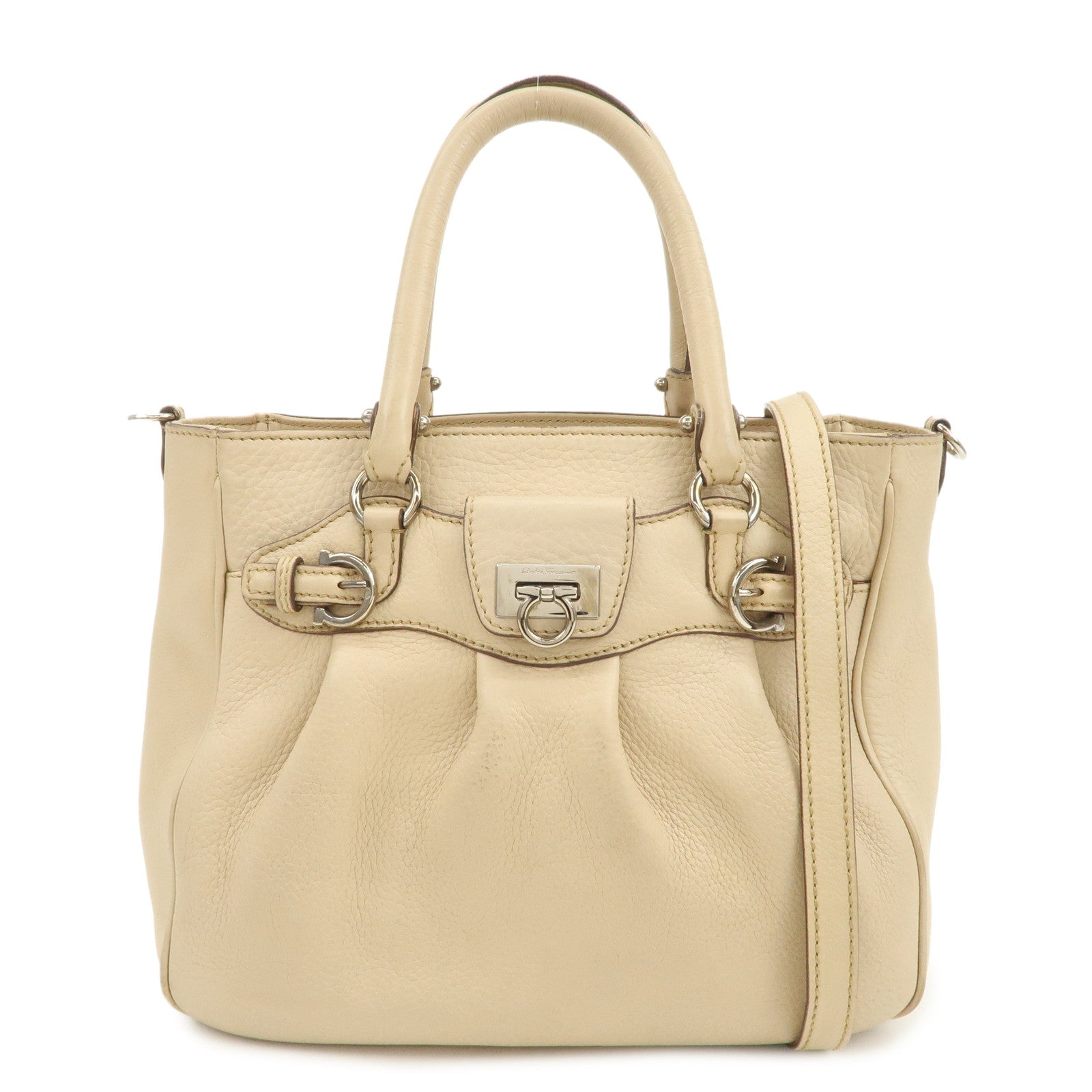 Ferragamo Gancini Leather 2Way Bag Hand Bag Shoulder Bag Beige