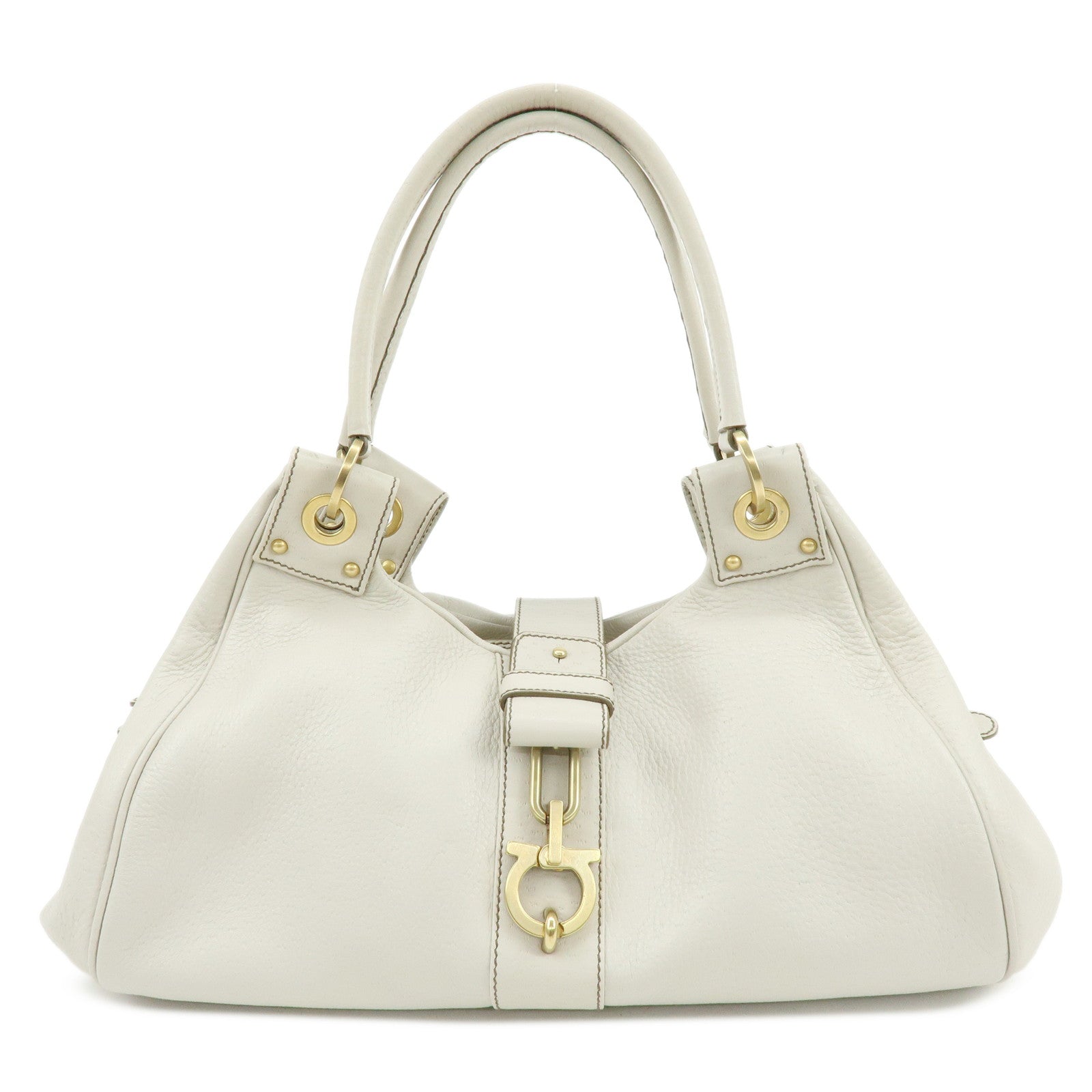 Ferragamo Gancini Leather Shoulder Bag Hand Bag Ivory