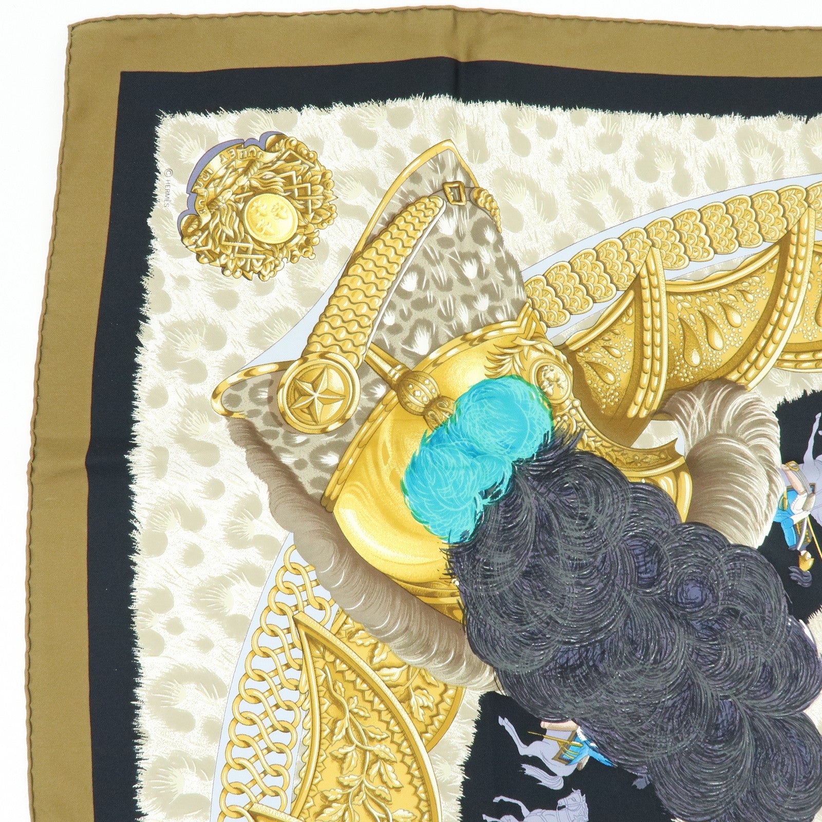 HERMES Carre 90 Silk 100% Scarf CASQUES et PLUMETS Black Brown