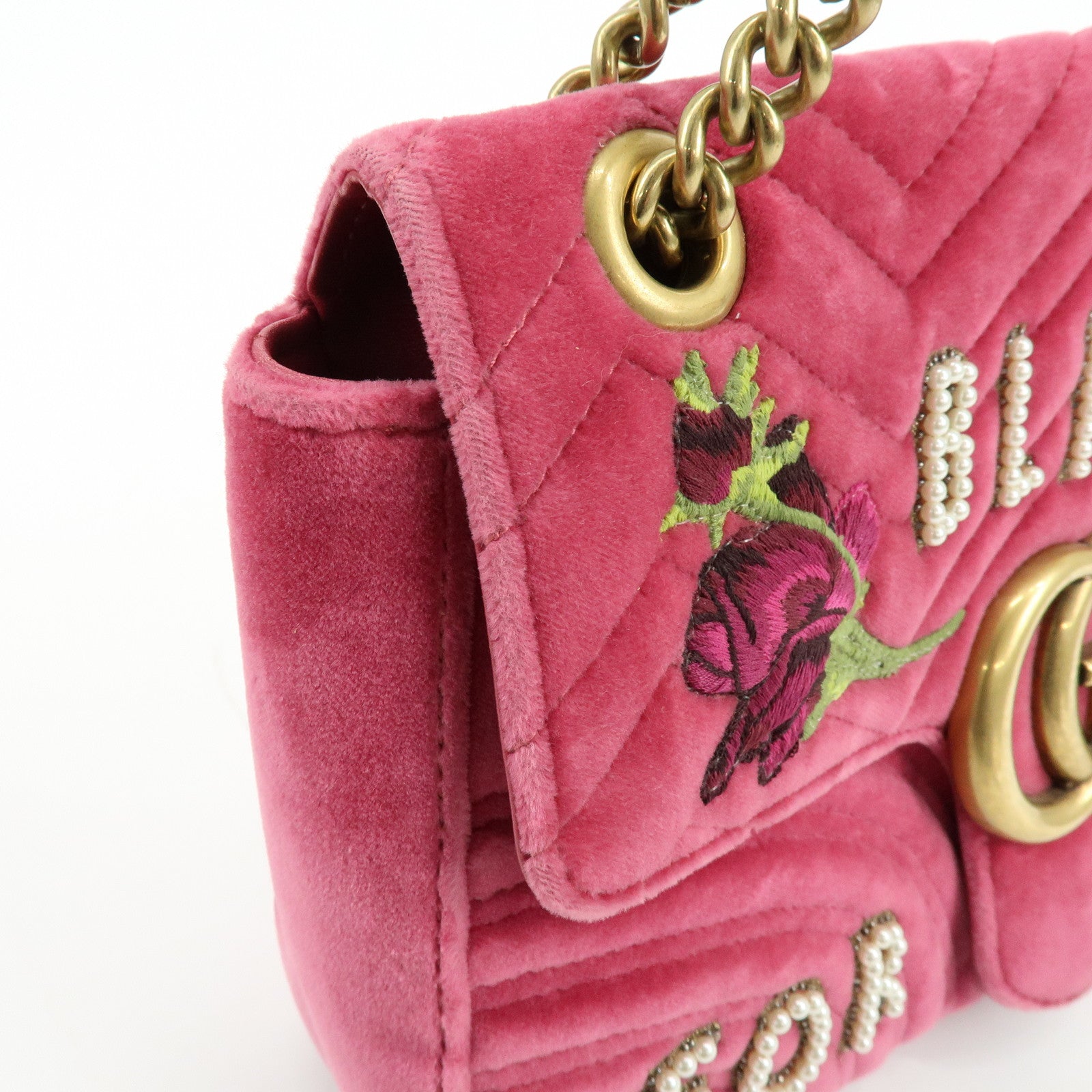 GUCCI GG Marmont Velour Leather Chain Shoulder Bag Pink 443496