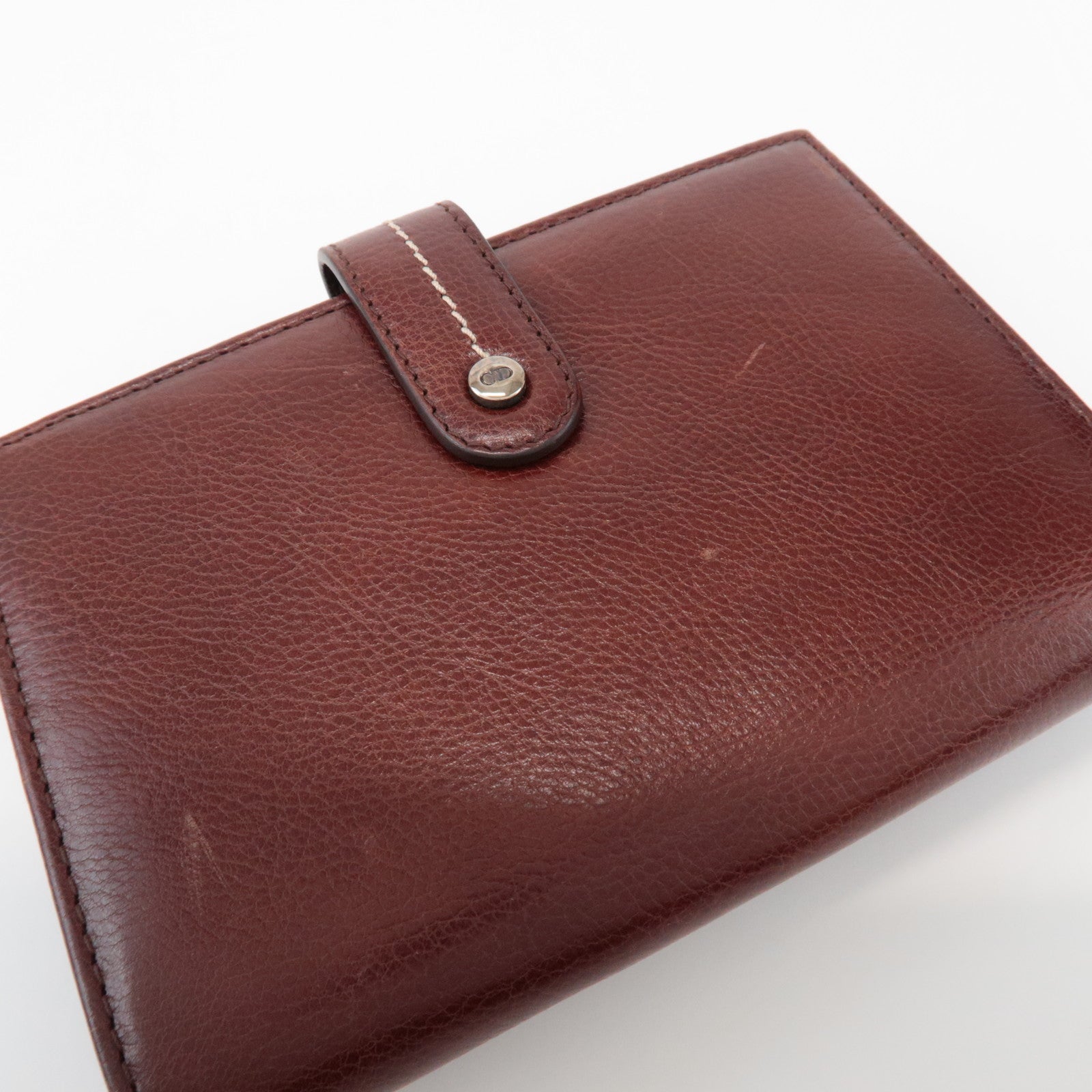 Christian Dior Leather Flower Embroidery Motif Compact Wallet Brown