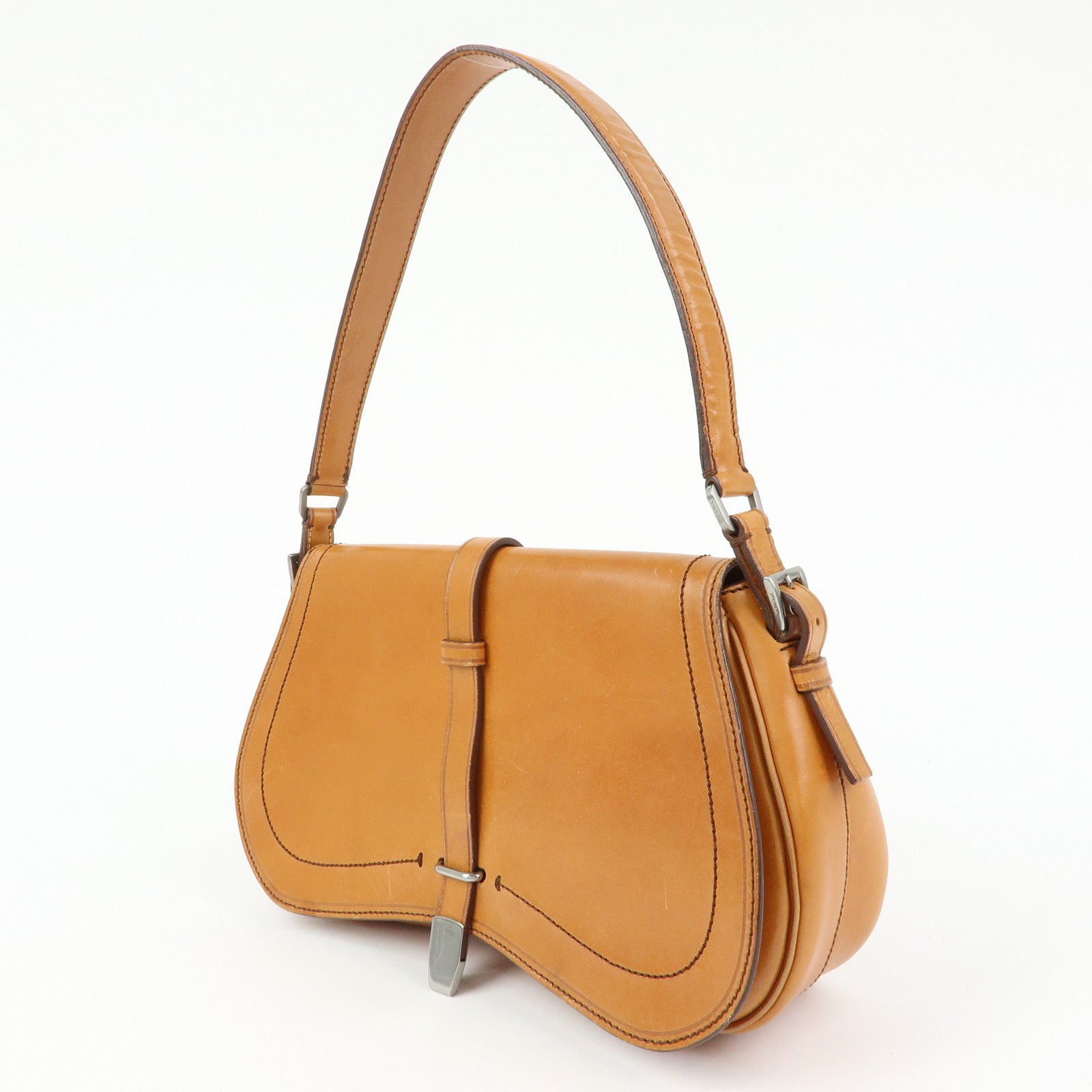 PRADA Logo Leather Shoulder Bag Hand Bag Brown