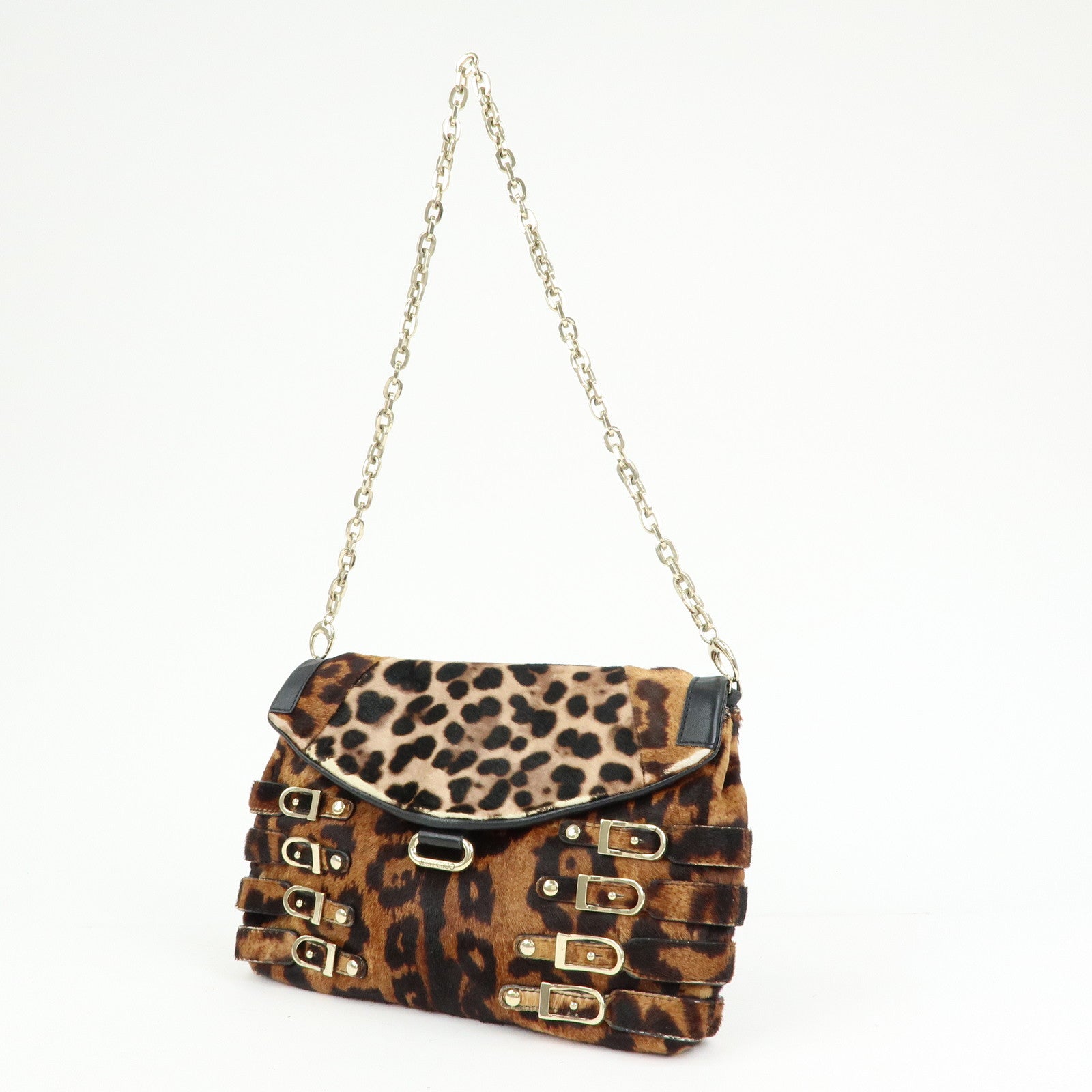 JIMMY CHOO Unborn Calf Leather Chain Shoulder Bag Clutch Bag Brown