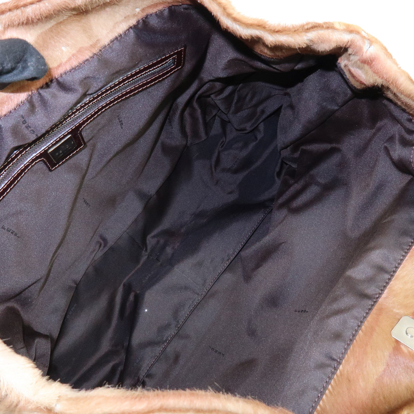 FENDI Calf Hair Leather Animal Pattern Tote Bag Hand Bag Brown