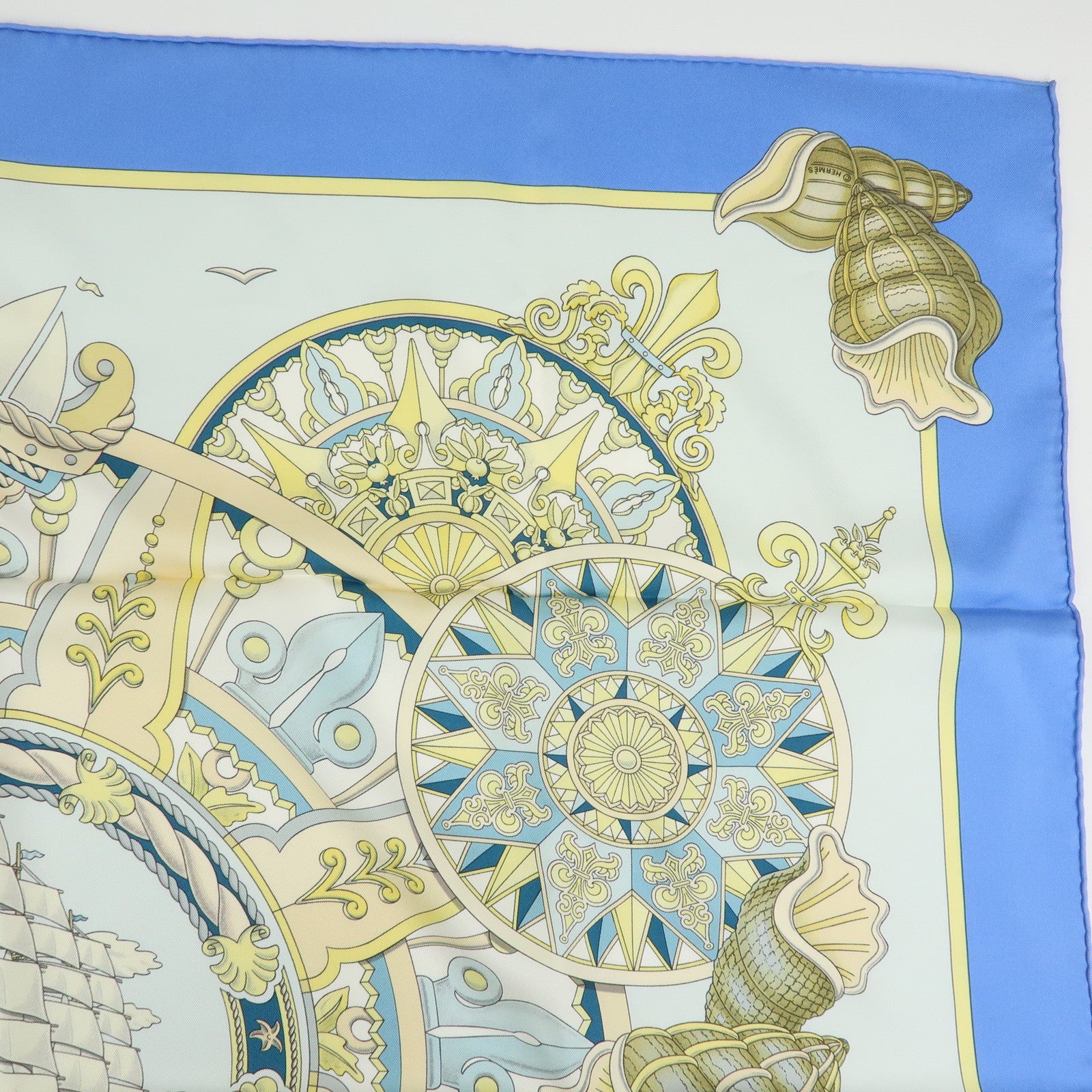HERMES Carre 90 Silk 100% Scarf  L'AIR MARIN Ship Print Blue Ivory