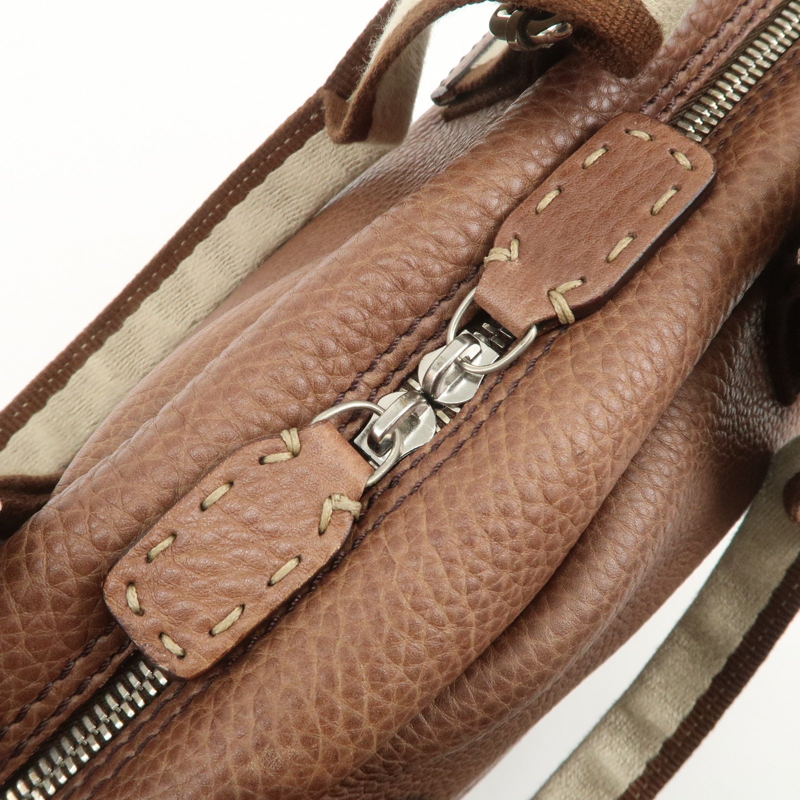 FENDI Selleria Leather Canvas Hand Bag Shoulder Bag Brown 8BL093