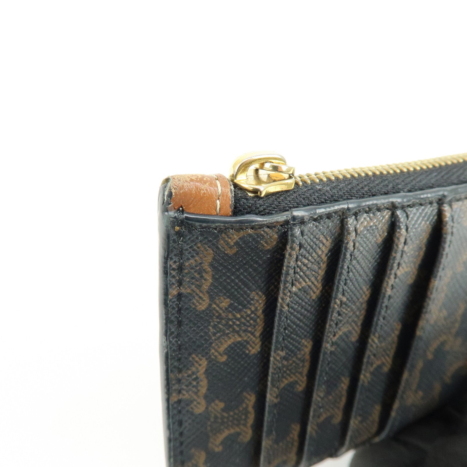 CELINE Triomphe Leather PVC Canvas Card Fragment Case Black Brown