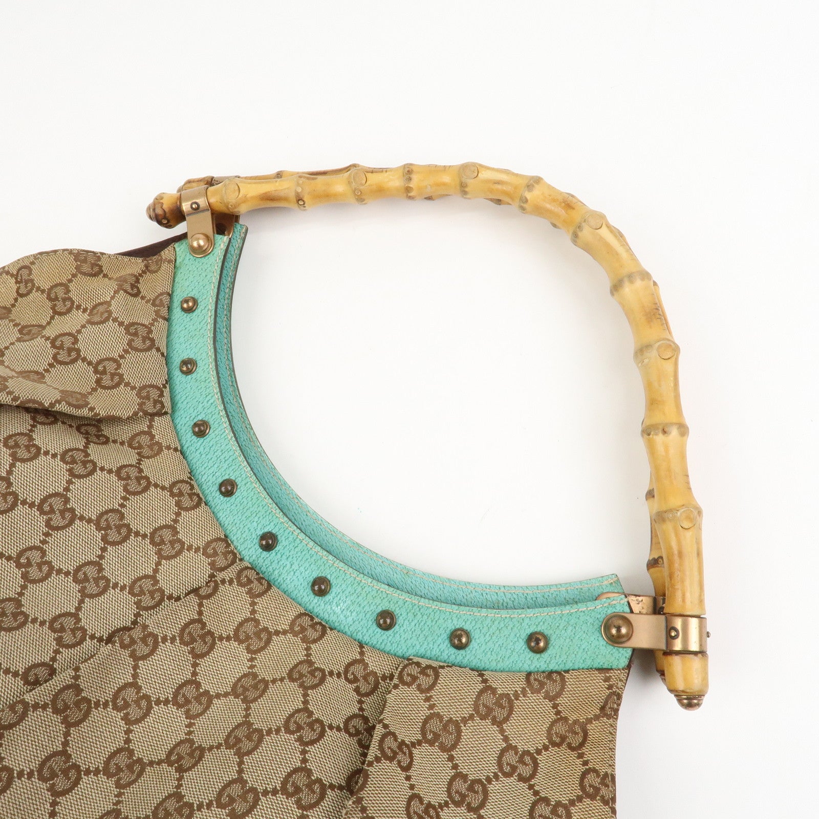 GUCCI Bamboo GG Canvas Leather Shoulder Bag Hand Bag Beige 124293