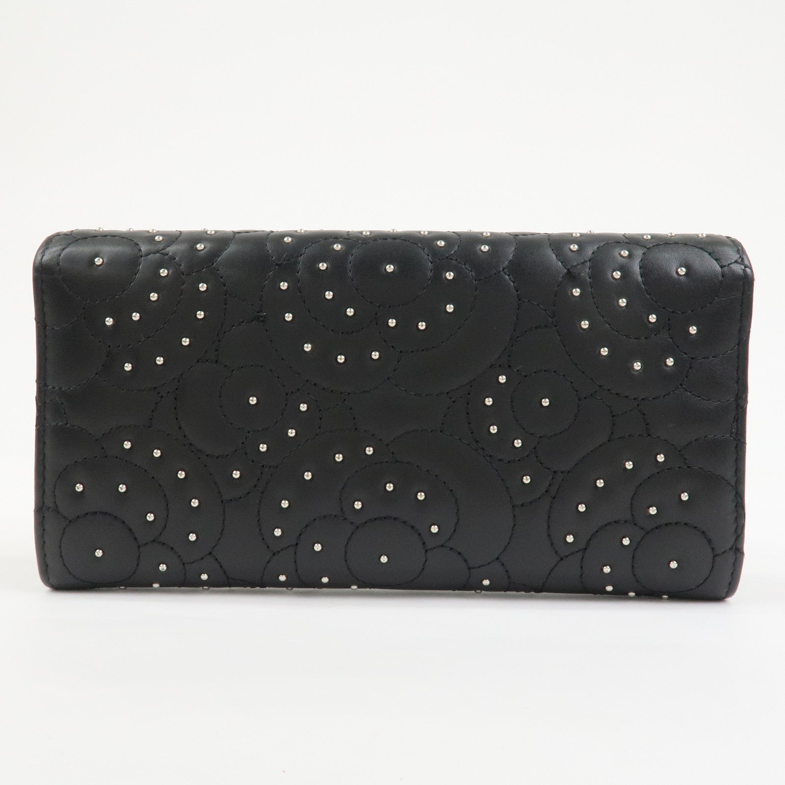 CHANEL Camellia Leather Long Wallet Black Silver Studs A82283
