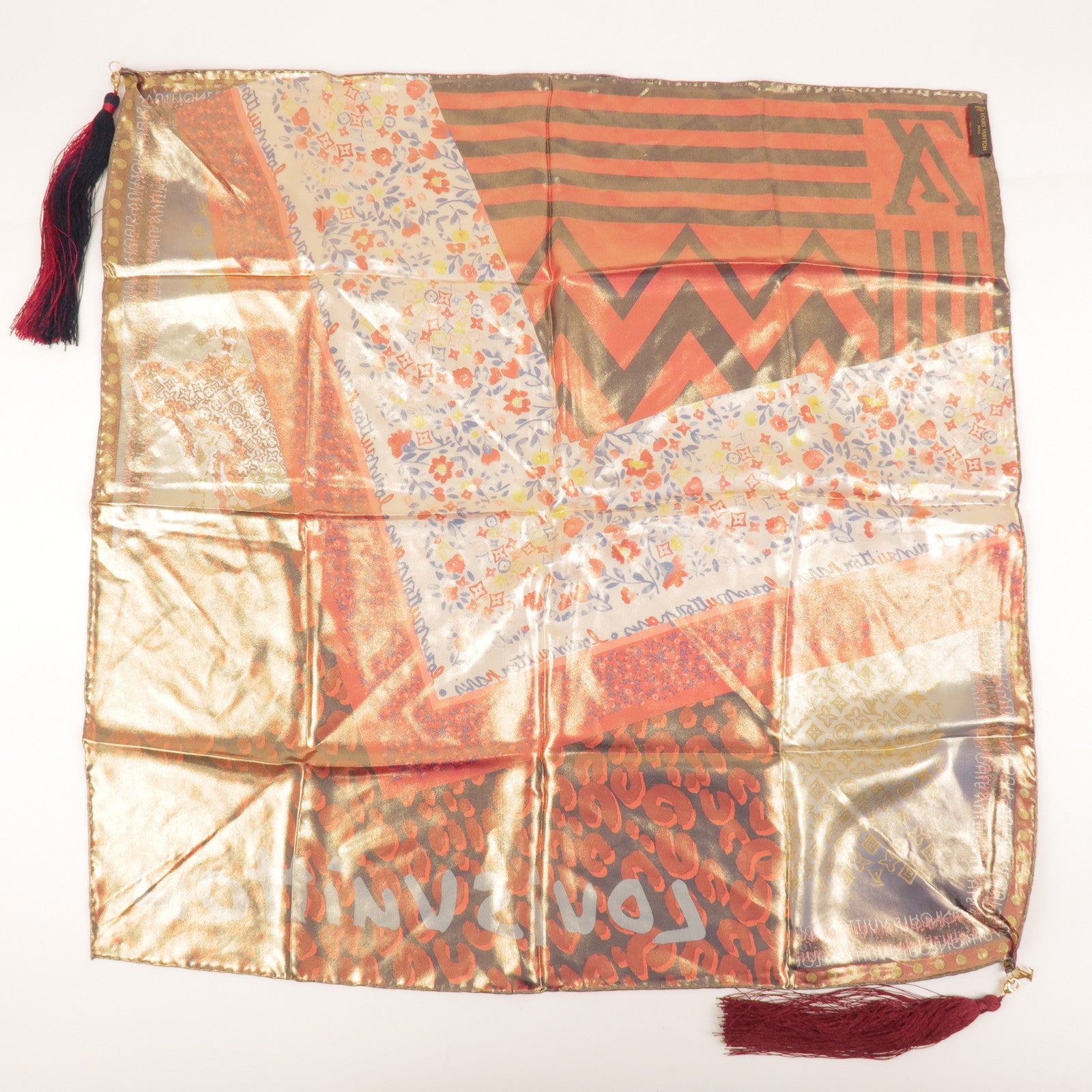 Louis Vuitton 100% Silk Scarf 65x65 Tassel Red Gold
