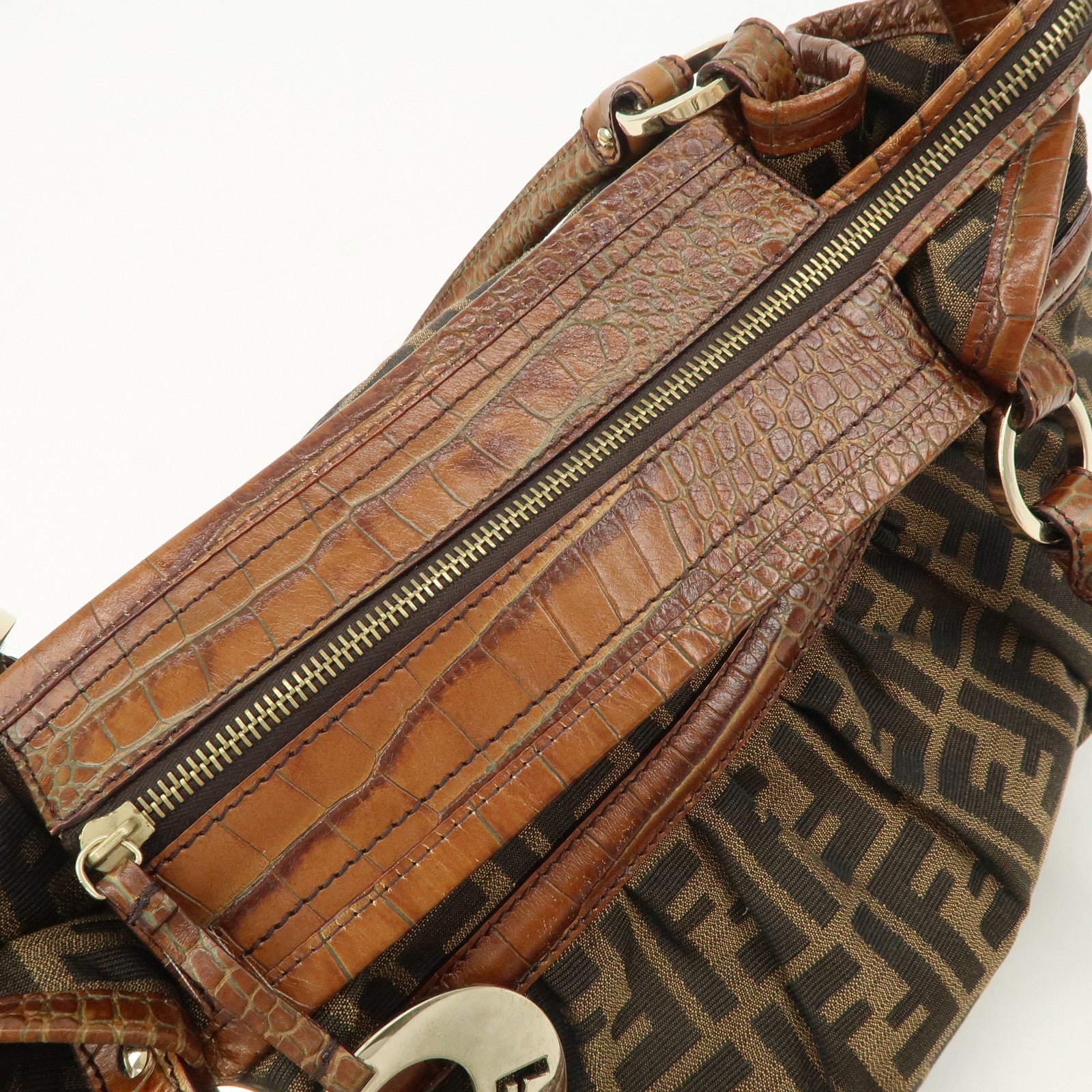 FENDI Zucca Gathered Canvas Leather Shoulder Bag Tote Bag 8BH186