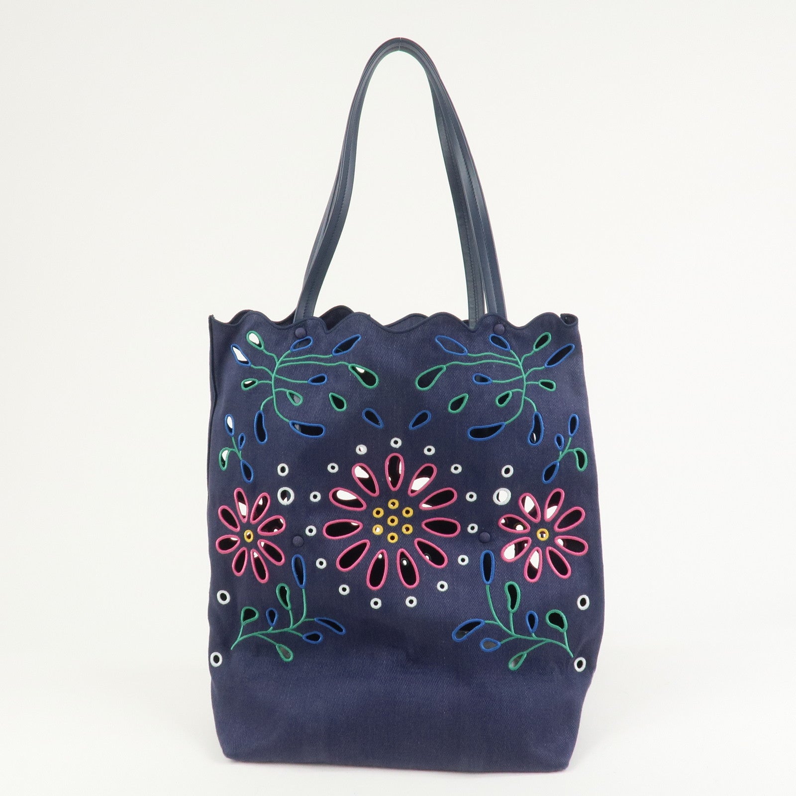 Chloe Kamilla Canvas Leather Tote Bag Shoulder Bag Navy Multicolor