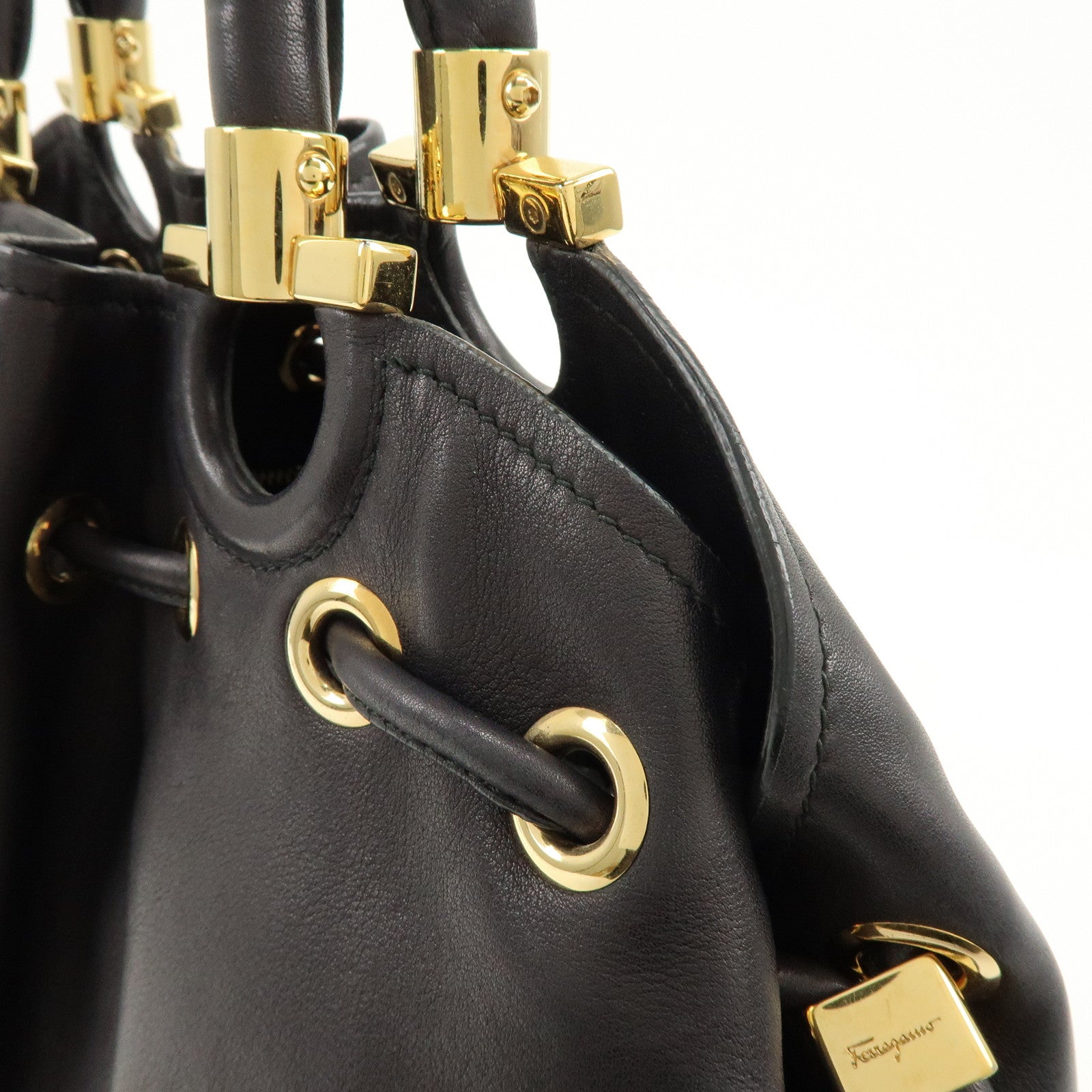 Ferragamo Gancini Leather Hand Bag Black