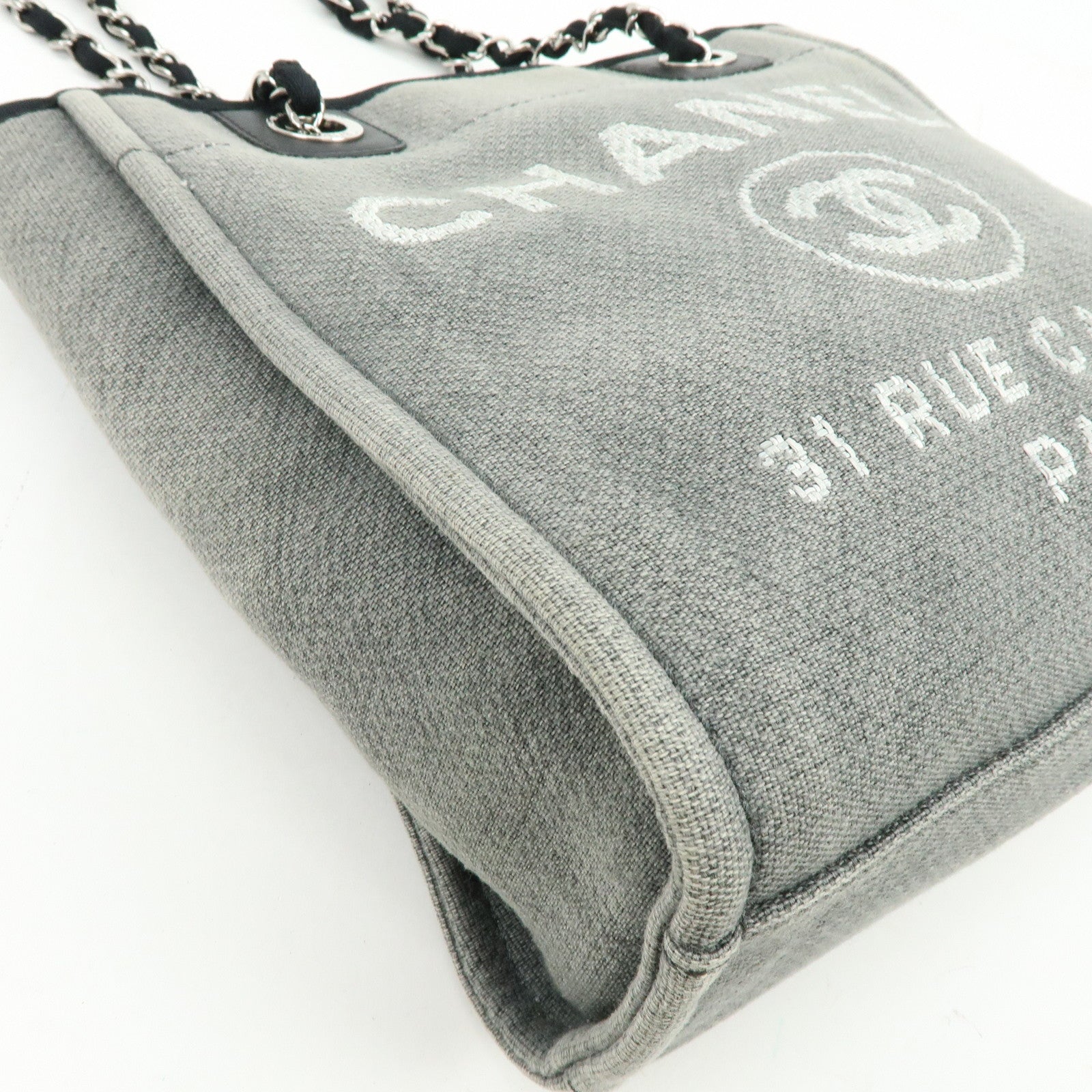 CHANEL Deauville PM Canvas Leather Chain Tote Bag Grey A66939