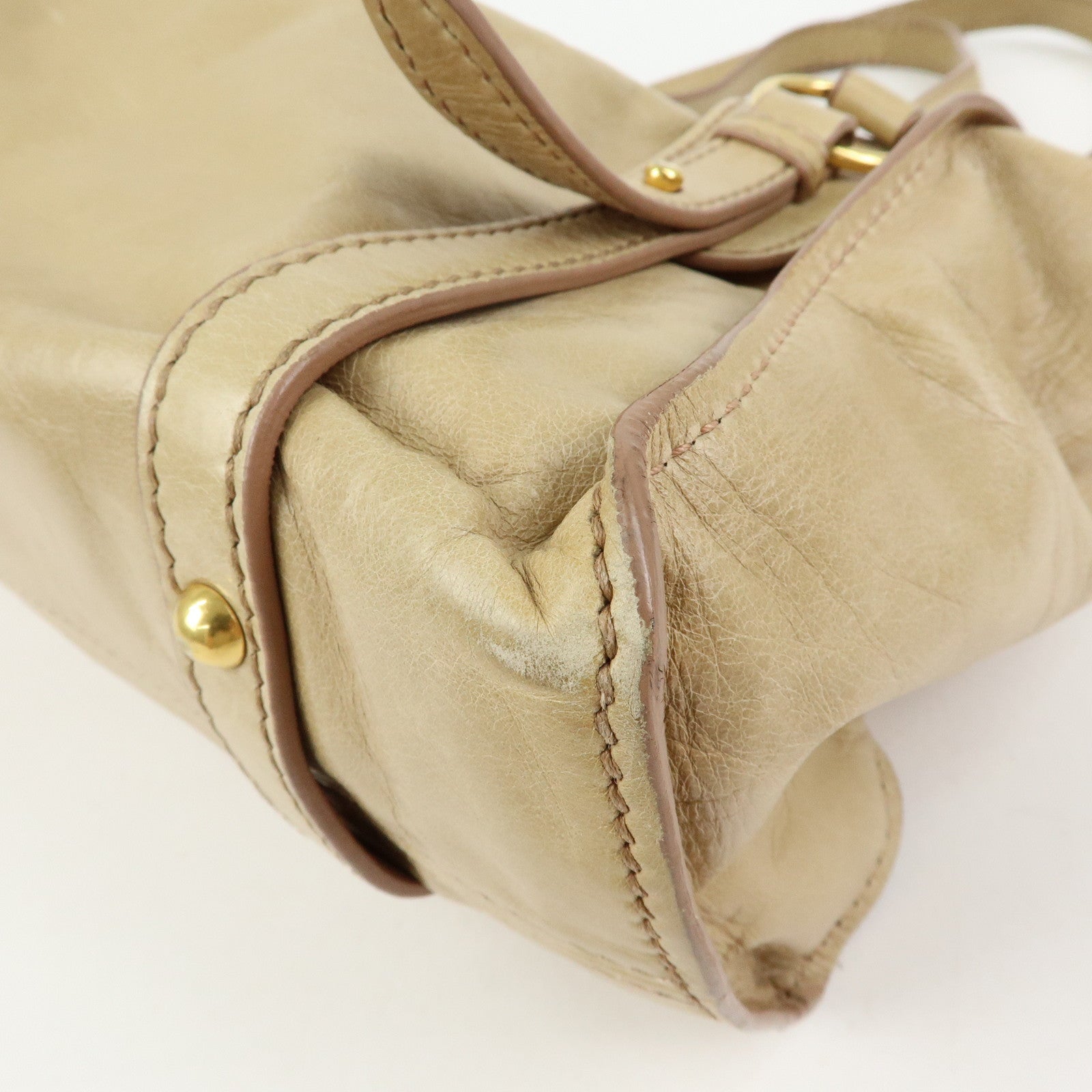 MIU MIU Logo Side Ribbon Leather Shoulder Bag Tote Bag Beige