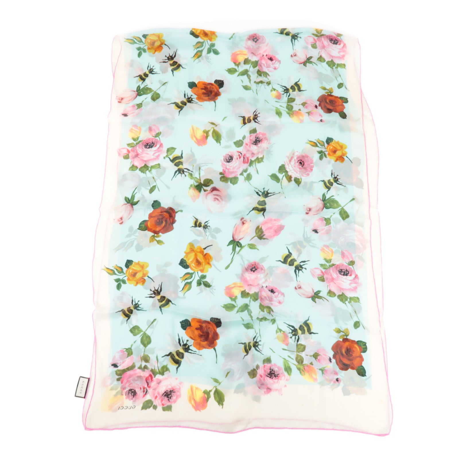 GUCCI Silk 100% 64 ×192 Floral Honey Bee Print Scarf Blue