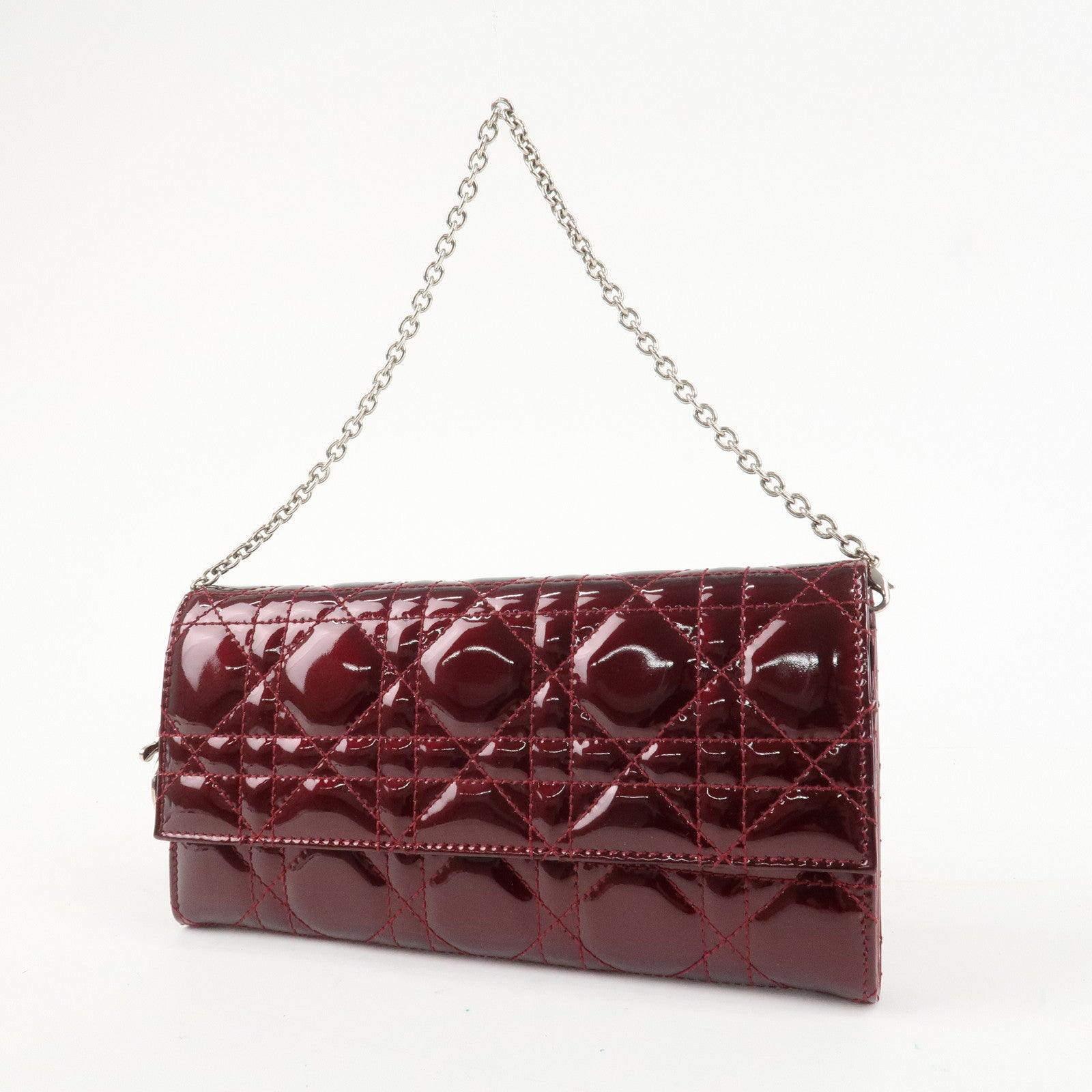Christian Dior Lady Dior Cannage Patent Leather Chain Wallet Bordeaux Used